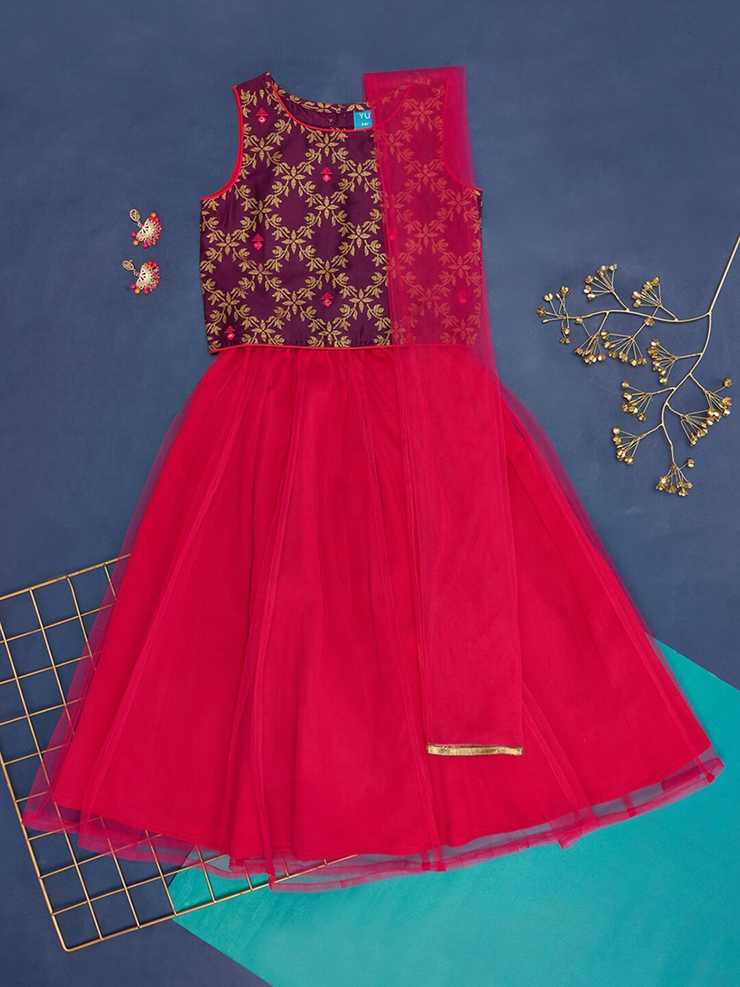 YU by Pantaloons Girls Ethnic Motif Printed Mirror Work Lehenga & Blouse With Dupatta, Pink