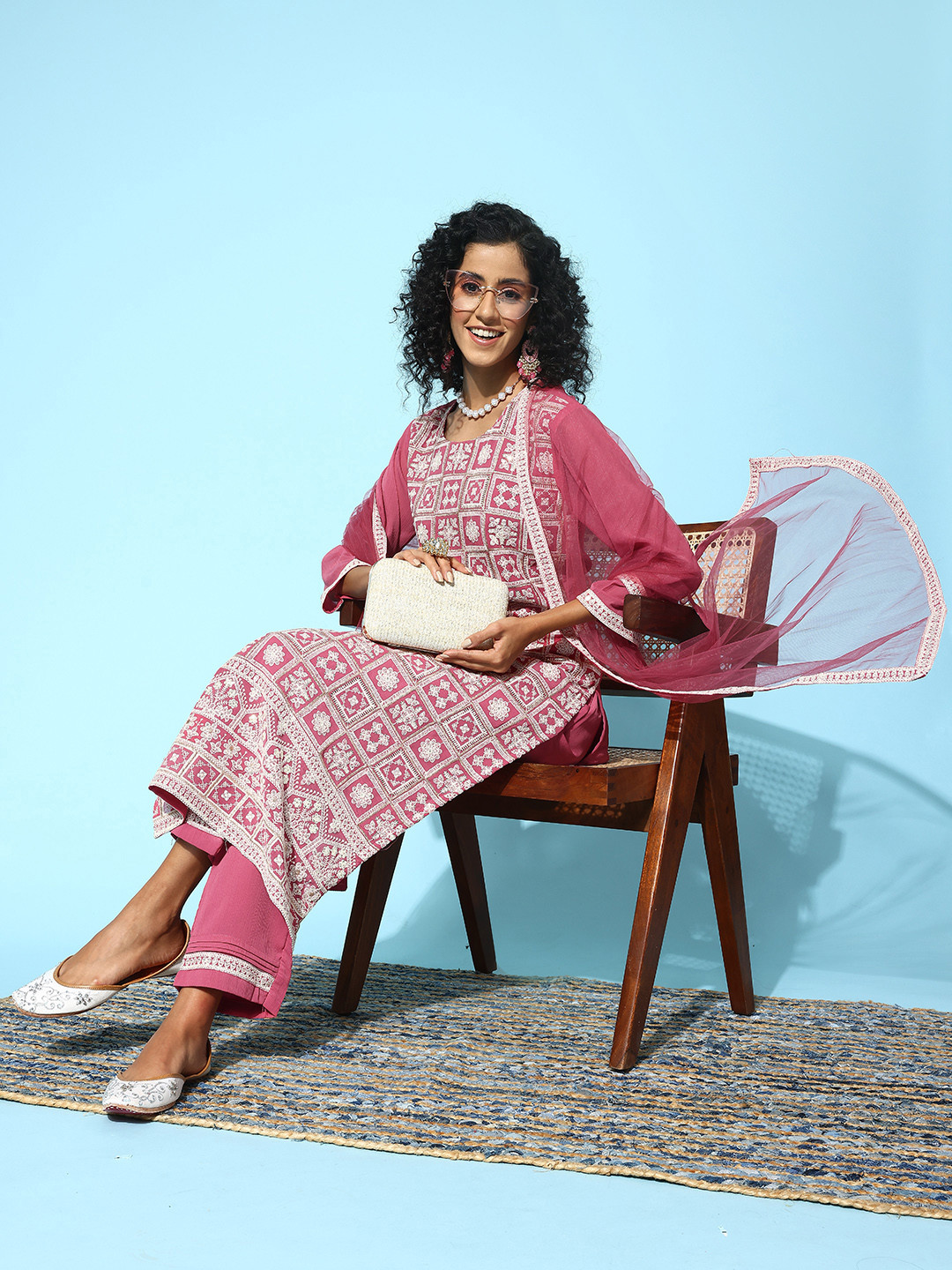

Indo Era Ethnic Motifs Embroidered Regular Thread Work Kurta with Trousers & Dupatta, Mauve