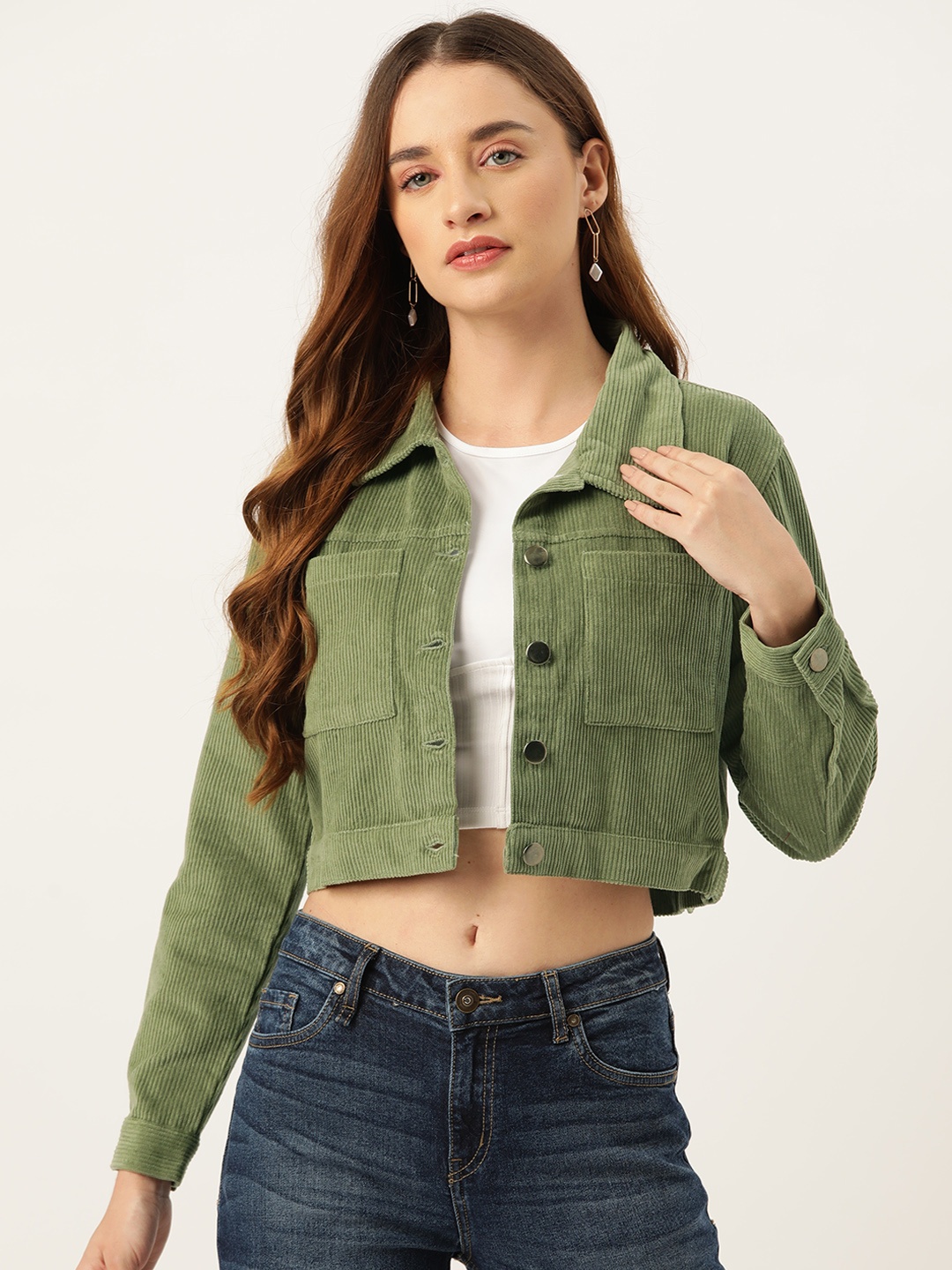 

Off Label Women Corduroy Crop Denim Jacket, Green