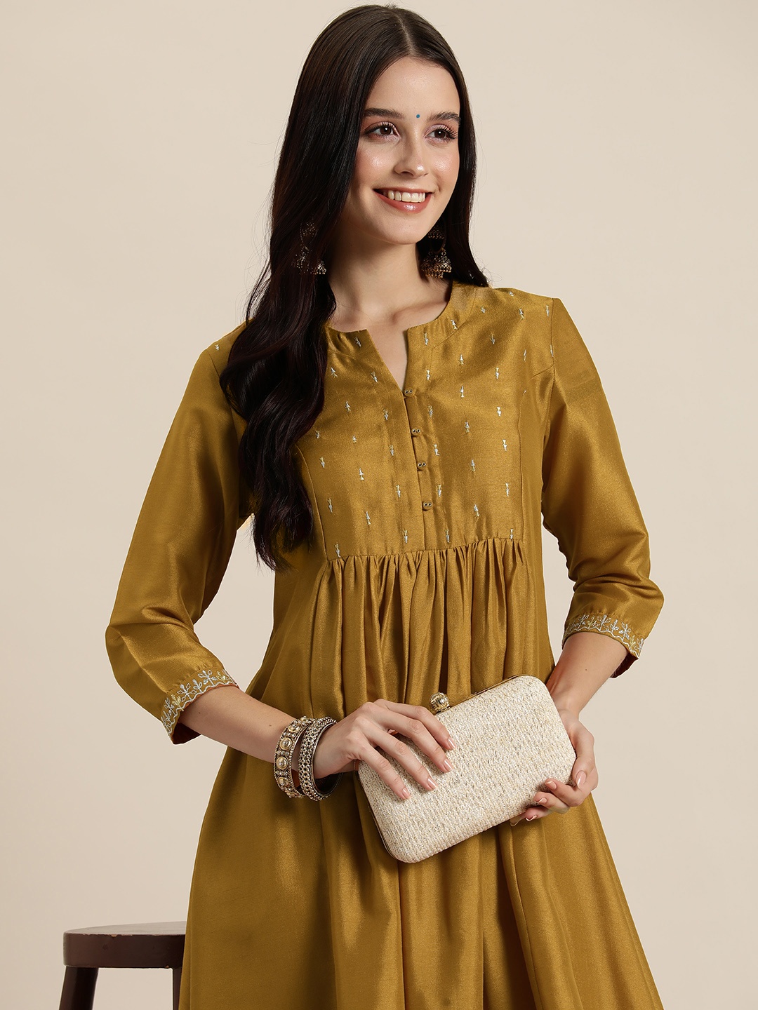 

HERE&NOW Women Embroidered Regular Thread Work Kurta with Trousers, Mustard