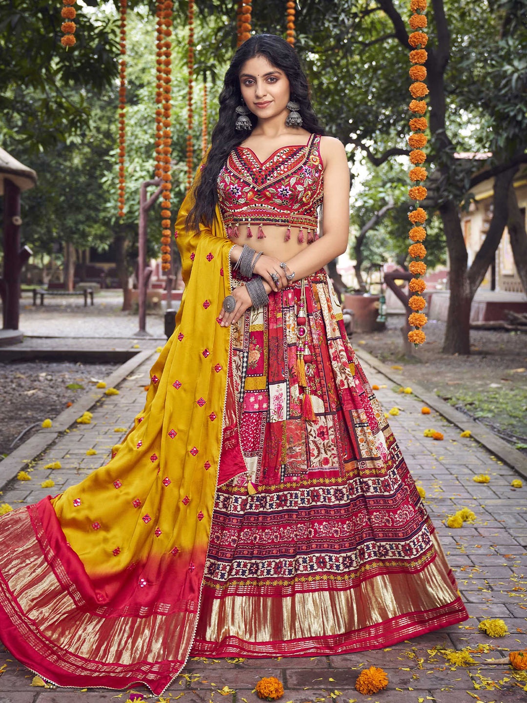 

Panzora Embroidered Mirror Work Semi-Stitched Lehenga & Blouse With Dupatta, Red