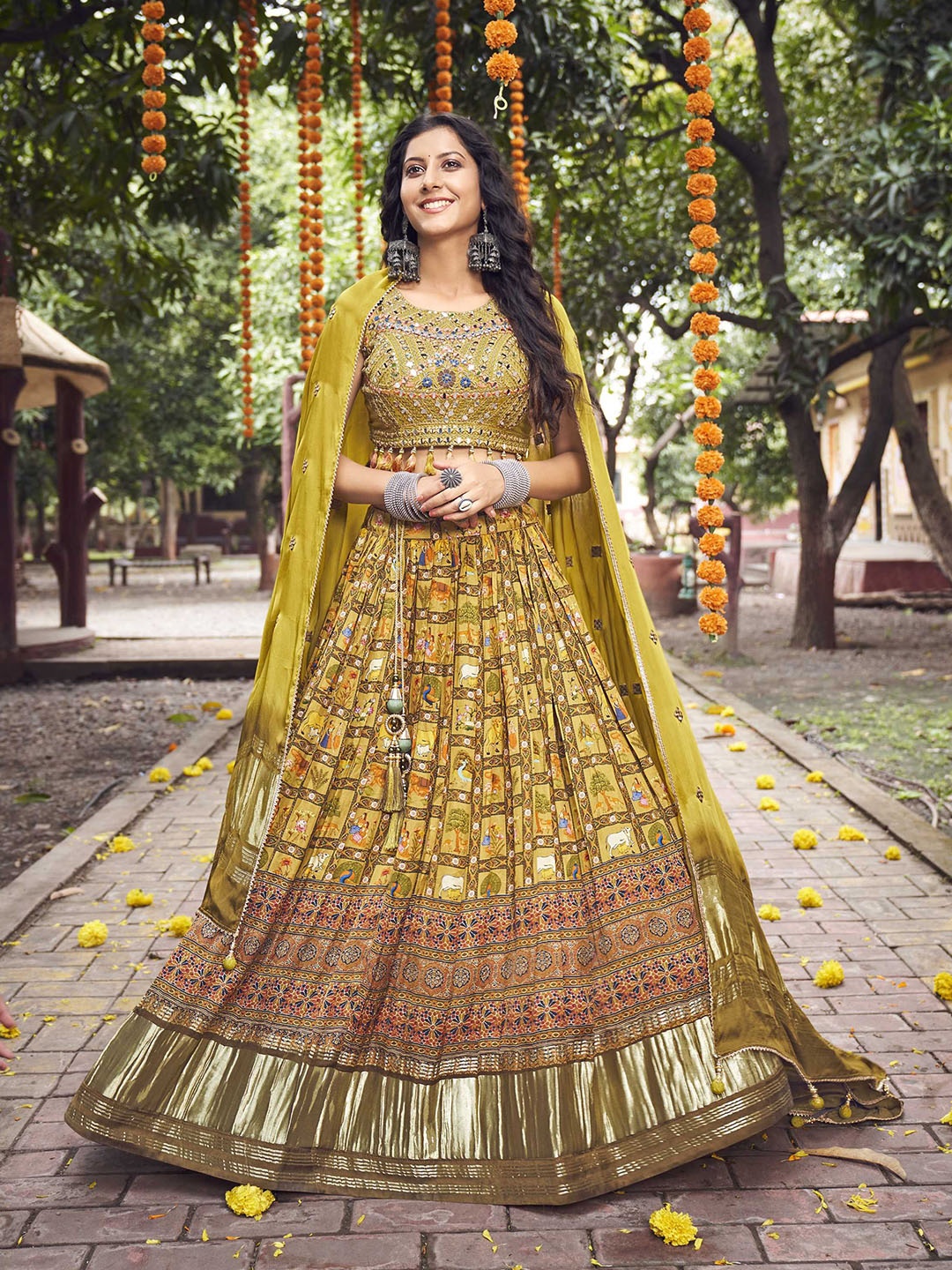 

Panzora Embroidered Mirror Work Semi-Stitched Lehenga & Blouse With Dupatta, Yellow