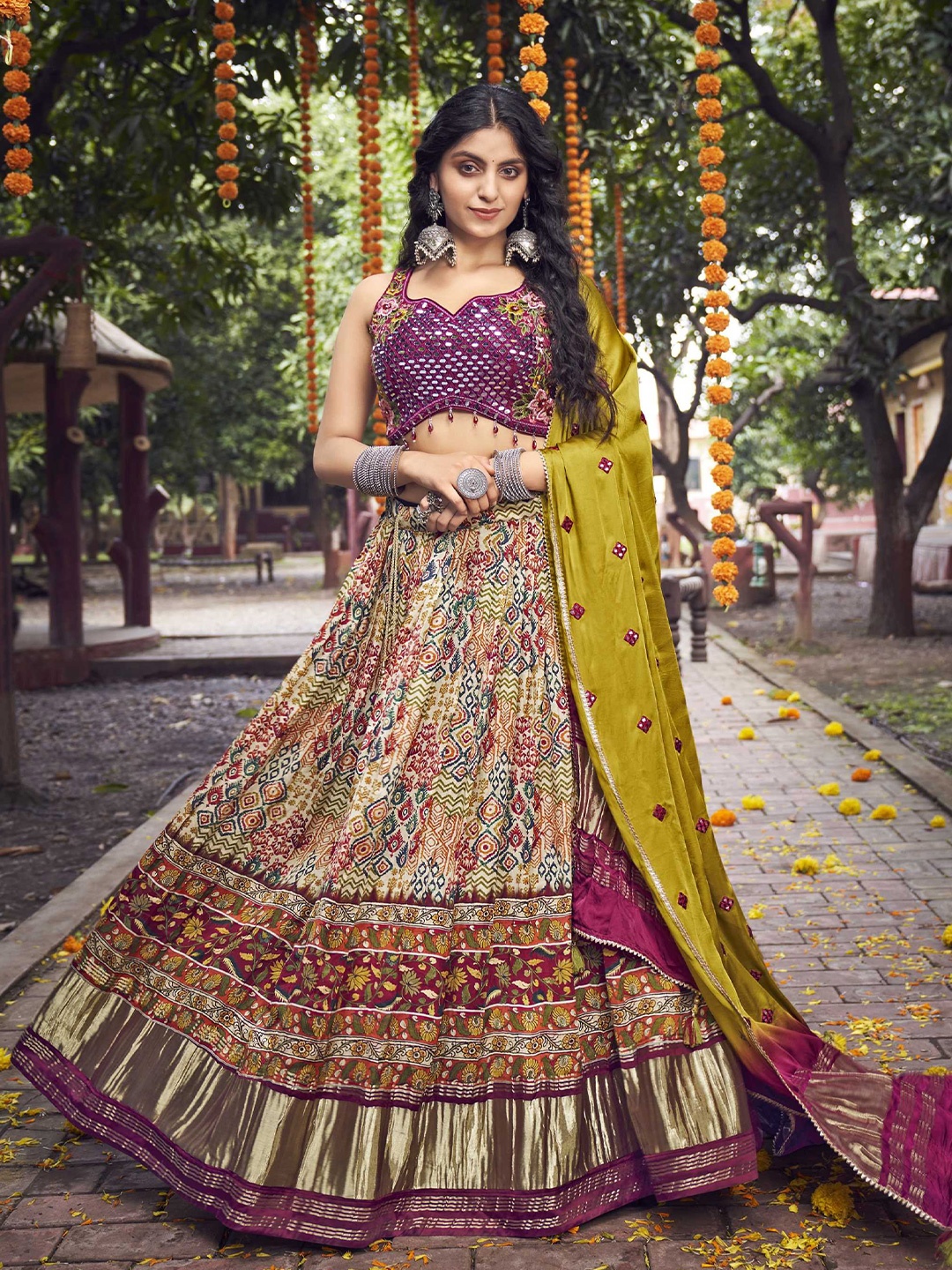 

Panzora Embroidered Satin Mirror Work Semi-Stitched Lehenga & Blouse With Dupatta, Mustard