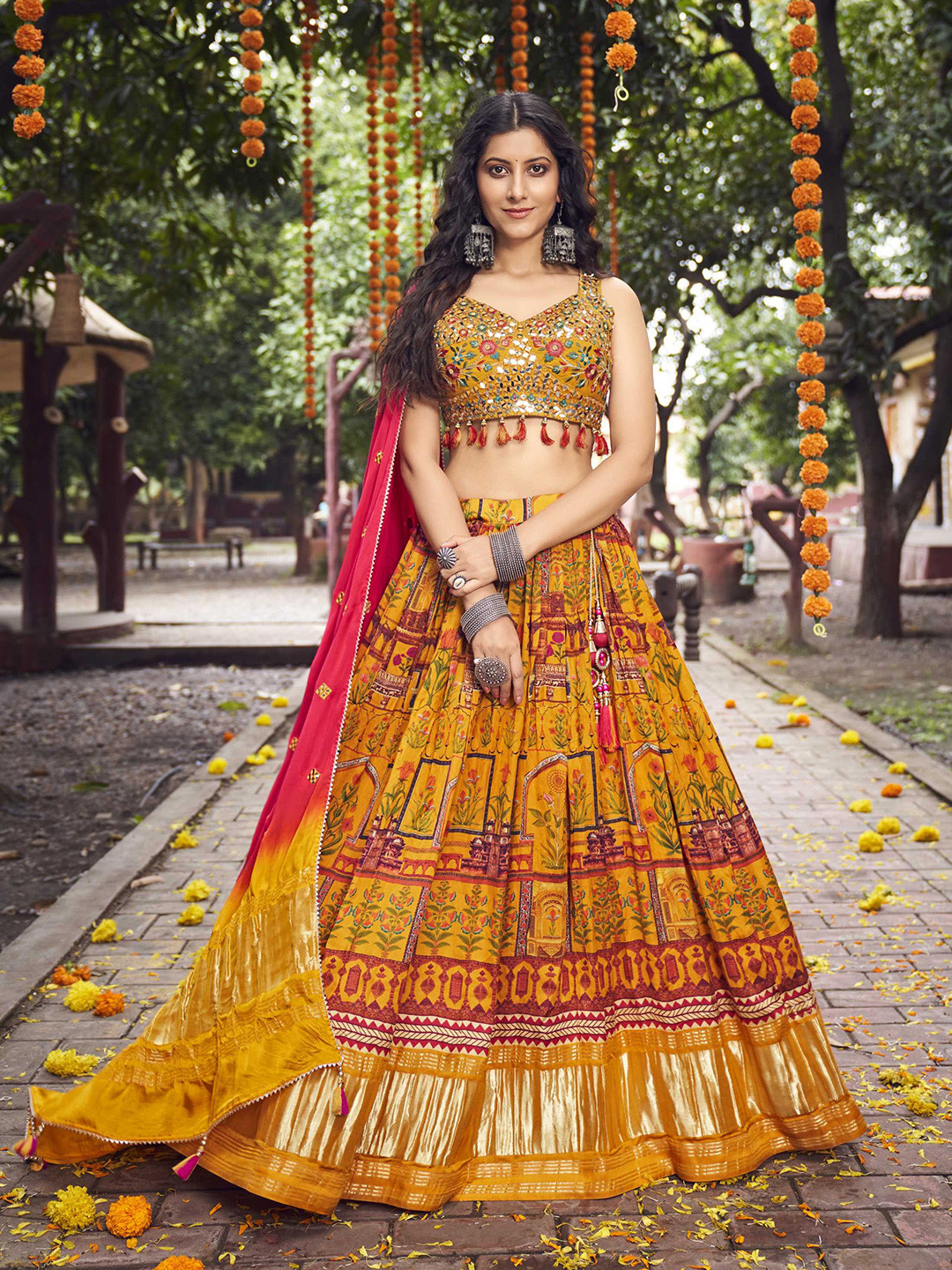 

Panzora Embroidered Mirror Work Semi-Stitched Lehenga & Blouse With Dupatta, Yellow