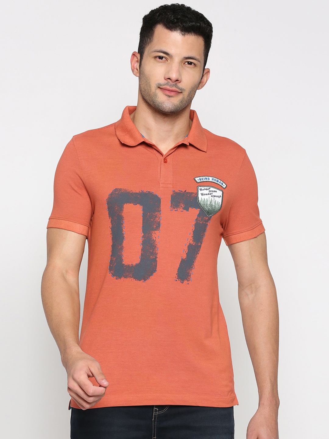 

Being Human Varsity Printed Polo Collar Casual T-shirt, Orange
