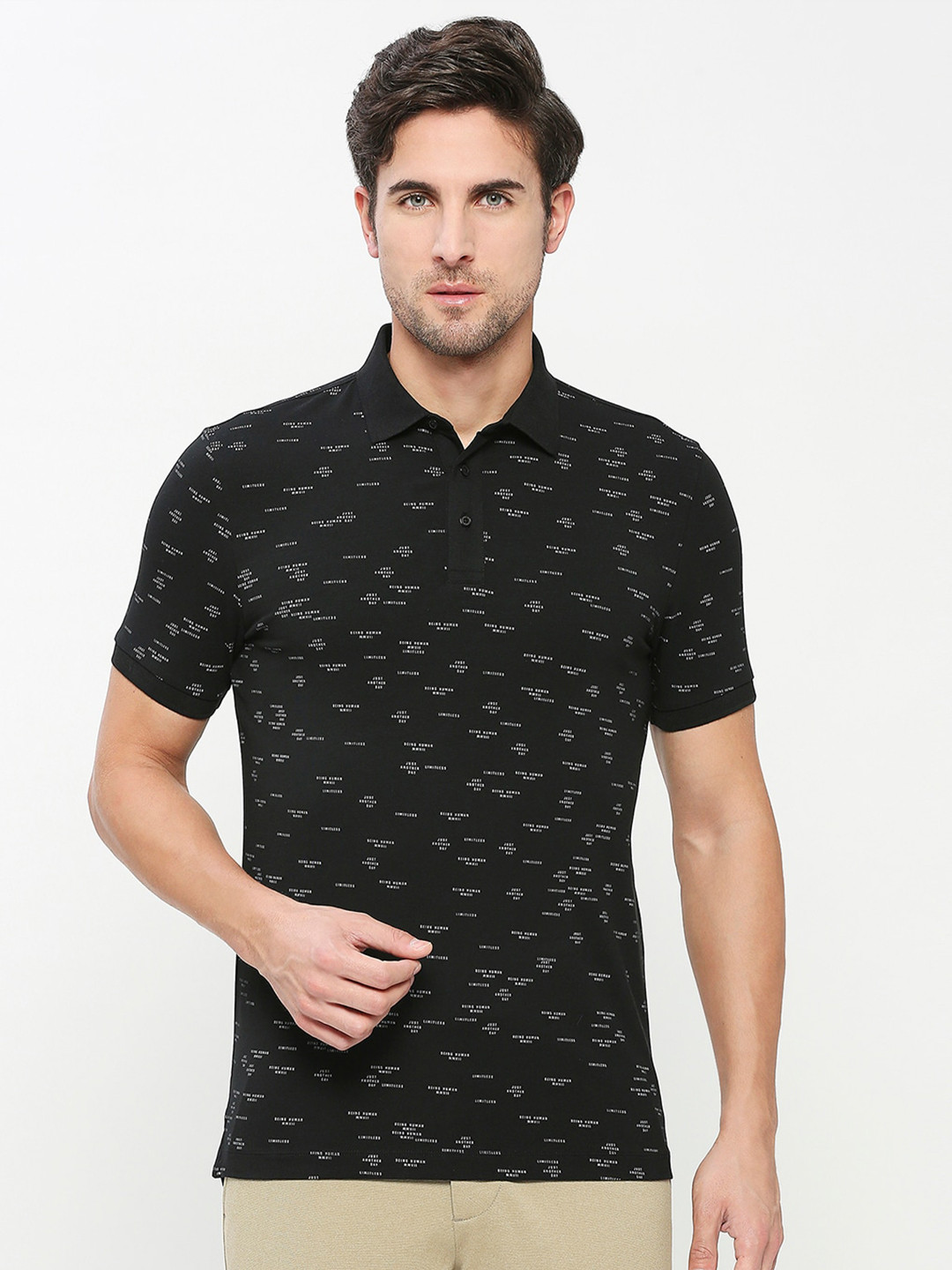 

Being Human Typography Printed Polo Collar Regular Fit Cotton Regular T-shirt, Black