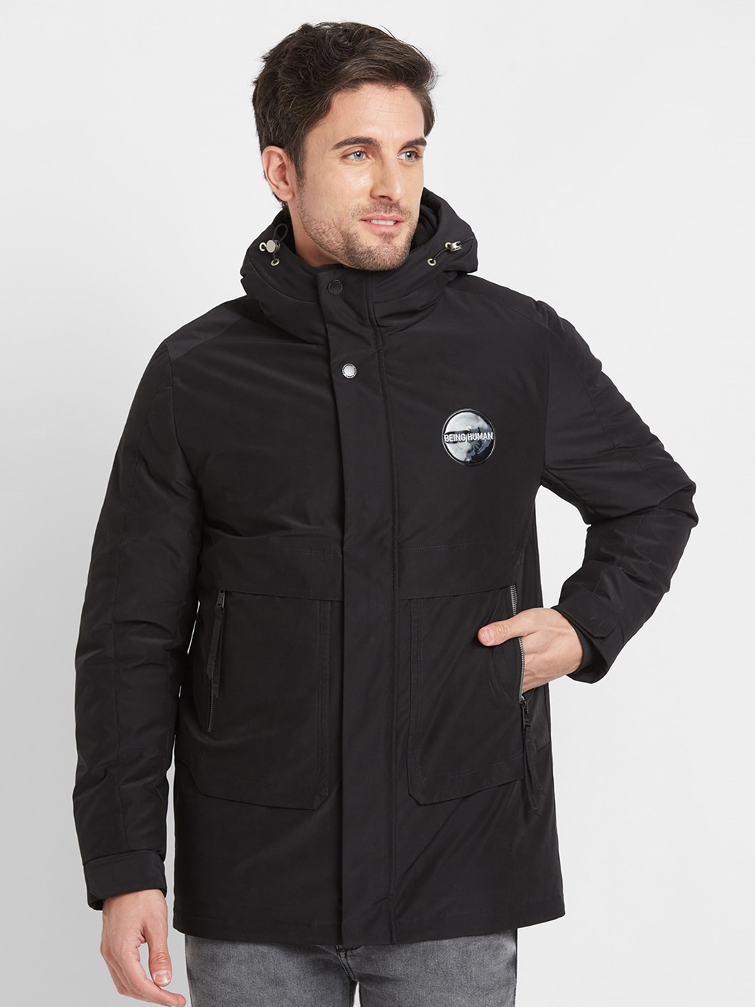 

Being Human Hooded Puffer Jacket With Zip Detail, Black