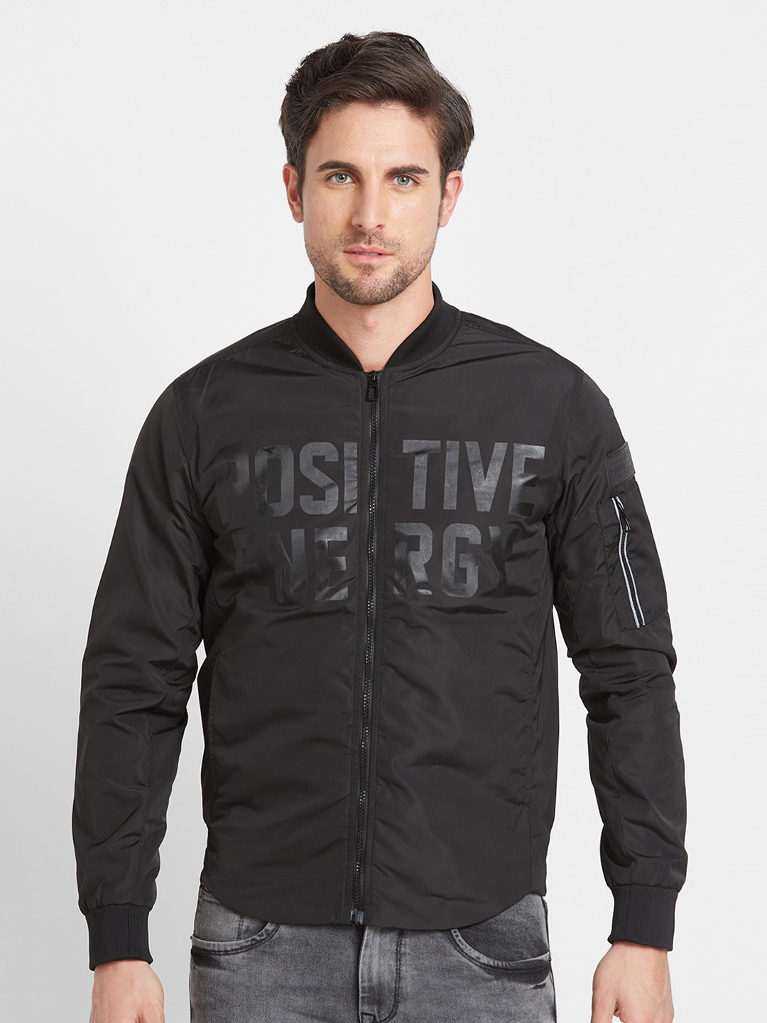 

Being Human Typography Printed Stand Collar Bomber Jacket With Zip Detail, Black