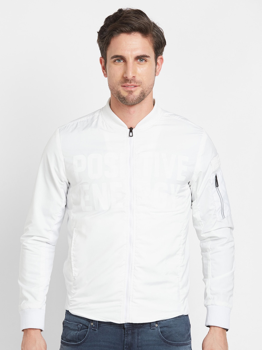 

Being Human Stand Collar Bomber Jacket With Zip Detail, White