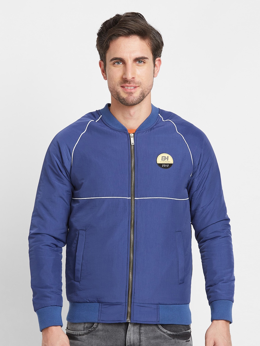 

Being Human Stand Collar Bomber Jacket With Zip Detail, Blue