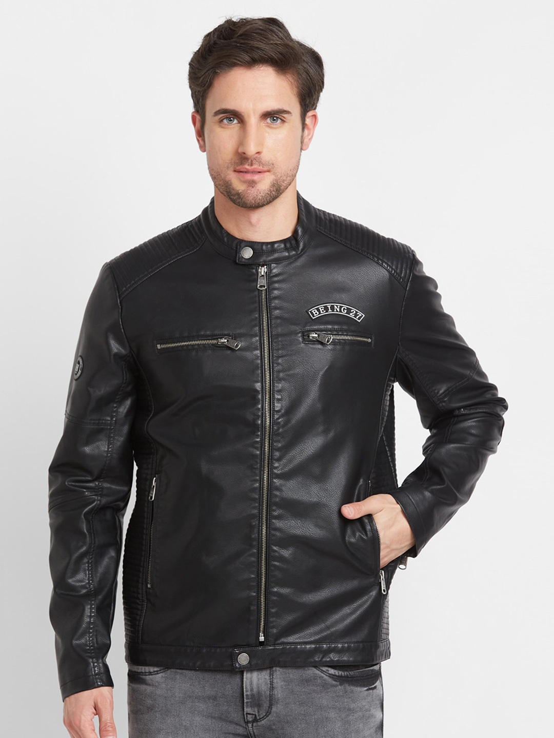 

Being Human Stand Collar Biker Jacket With Zip Detail, Black