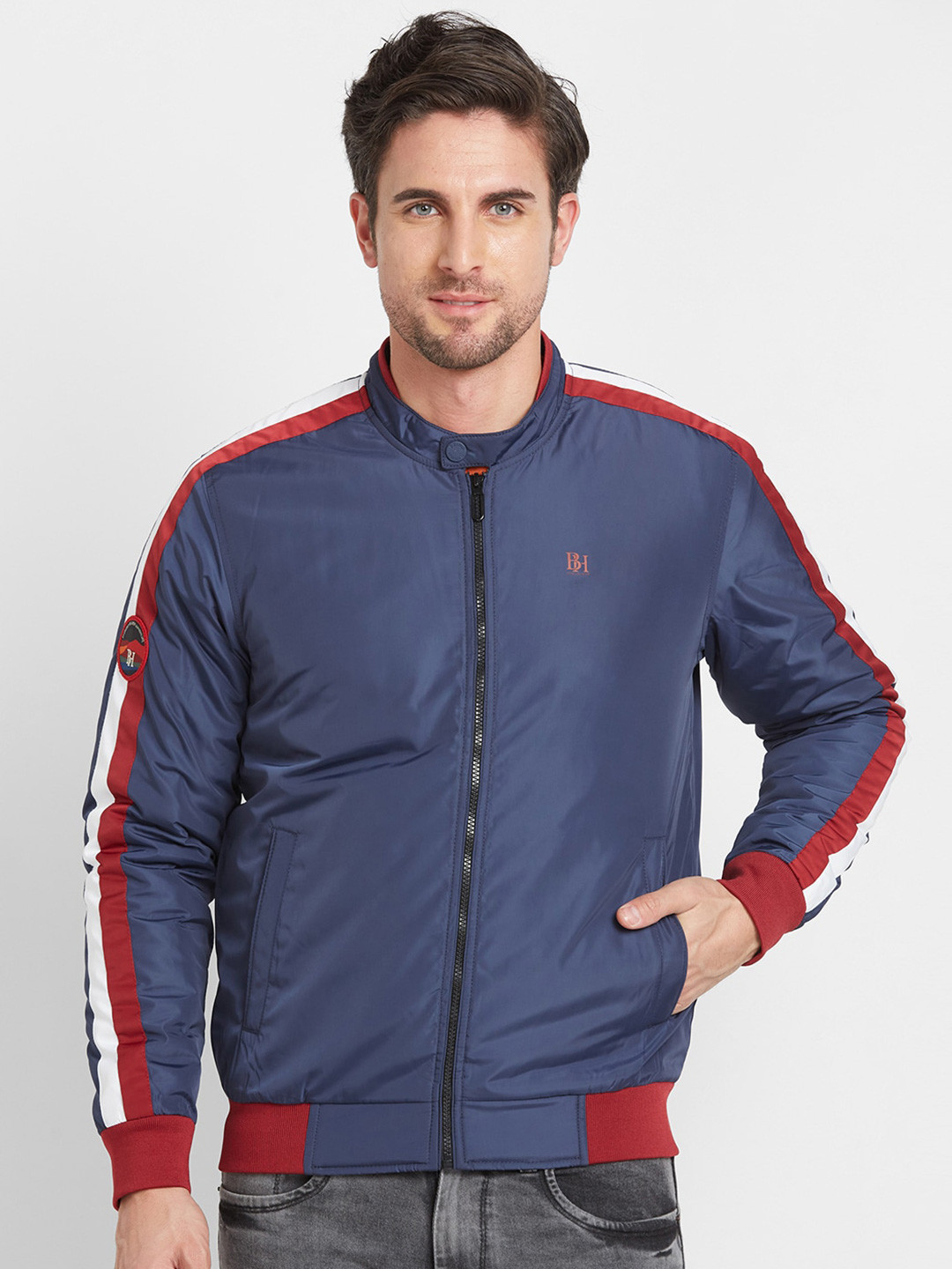 

Being Human Striped Mandarin Collar Tailored Jacket, Blue