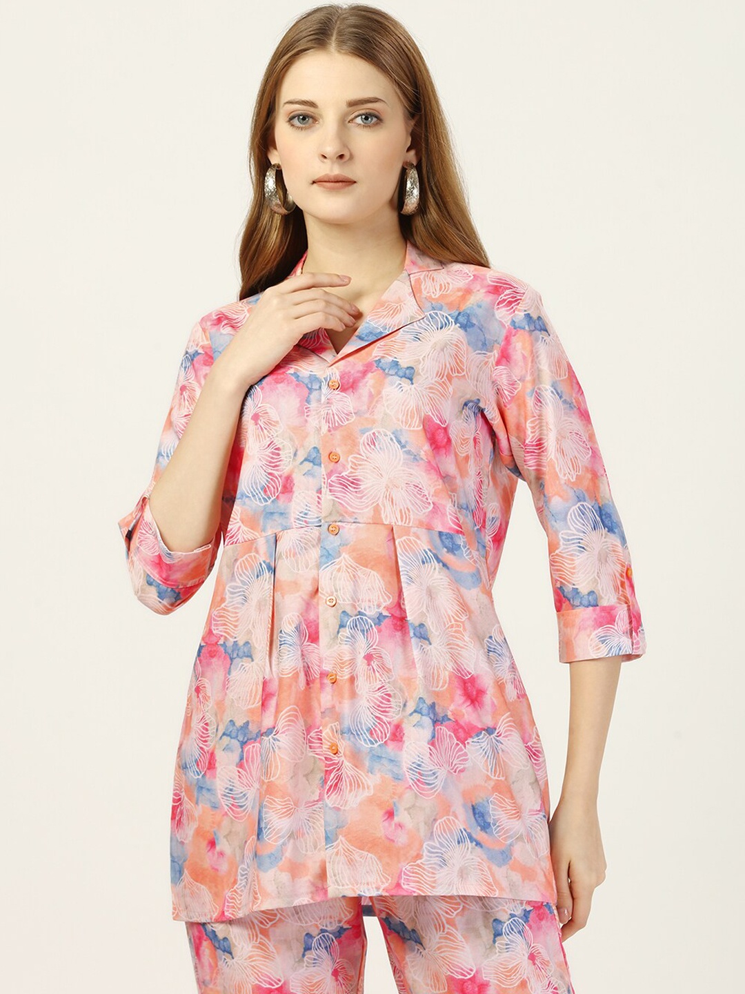 

OCTICS Floral Printed Cuban Collar Pleated Tunic With Trousers, Beige