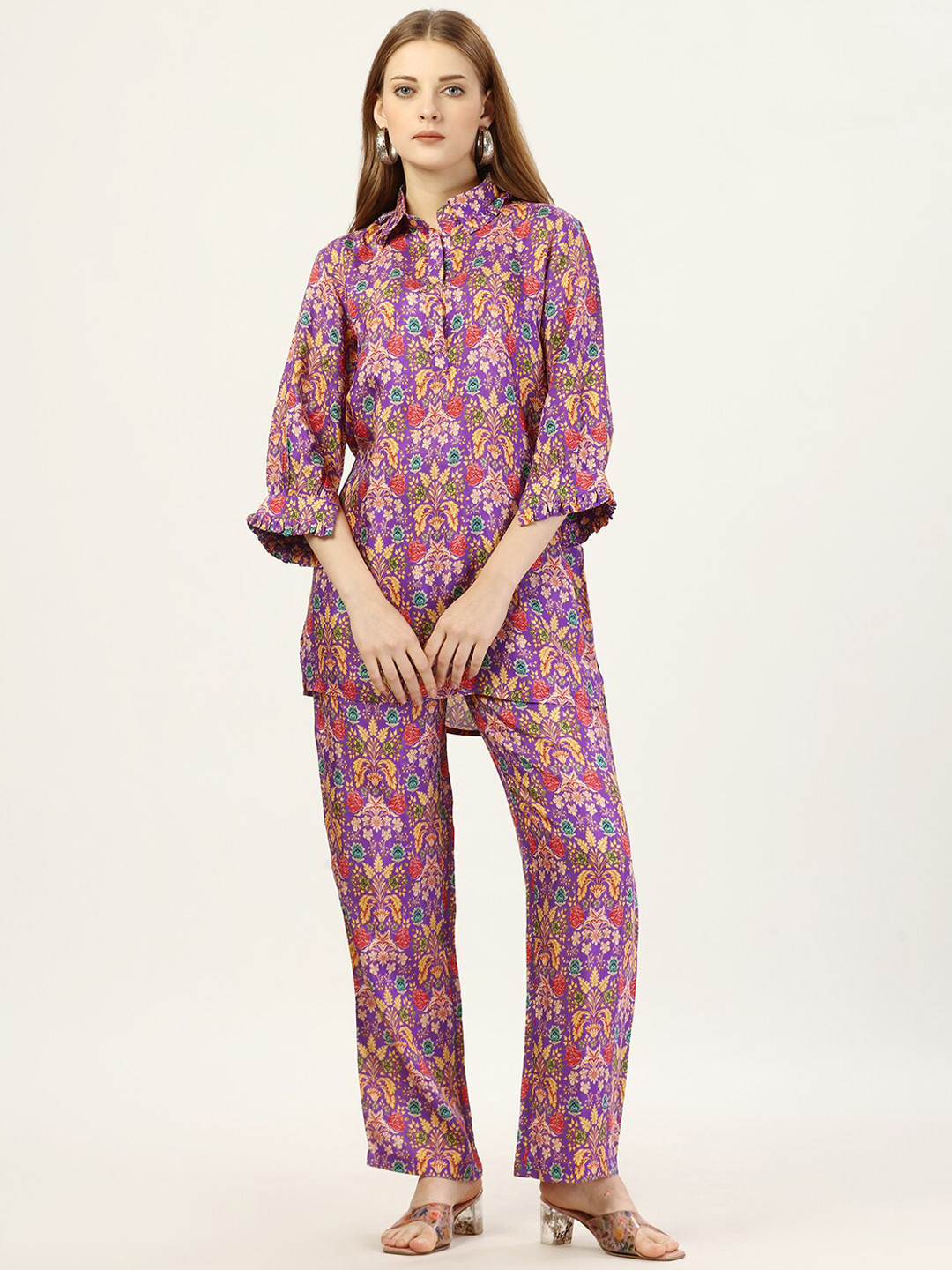 

OCTICS Floral Printed Shirt Collar Flared Sleeve Shirt With Palazzos, Purple