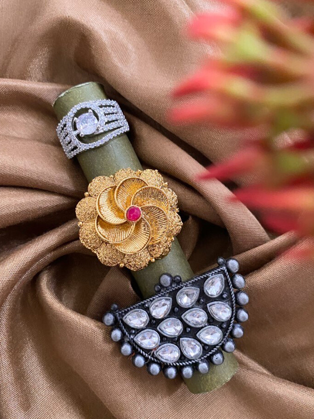 

ATIBELLE Pack Of 3 Silver Plated and Gold Plated Finger Ring