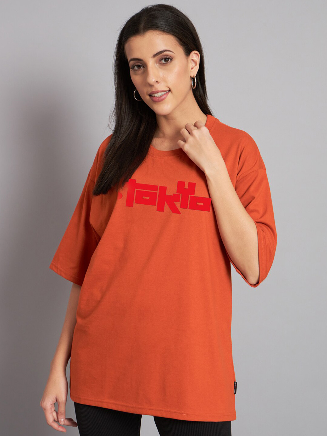 

Imsa Moda Typography Printed Drop Shoulder Sleeves Oversized Cotton T-shirt, Orange