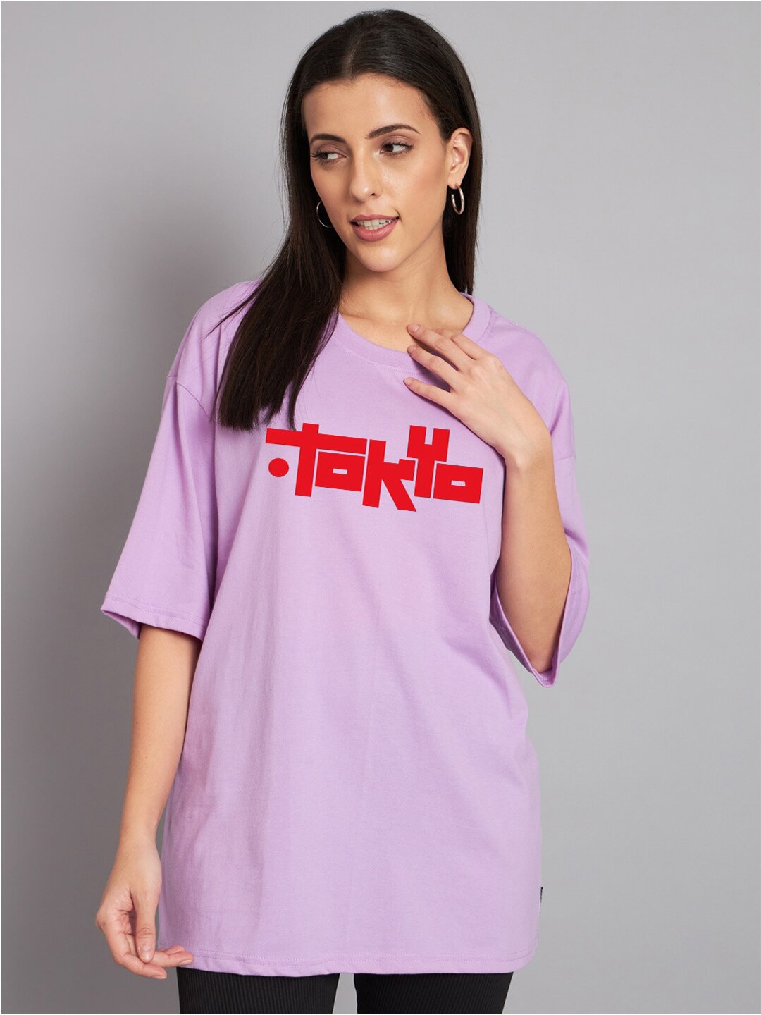 

Imsa Moda Typography Printed Round Neck Drop-Shoulder Sleeves Oversized Cotton T-shirt, Lavender