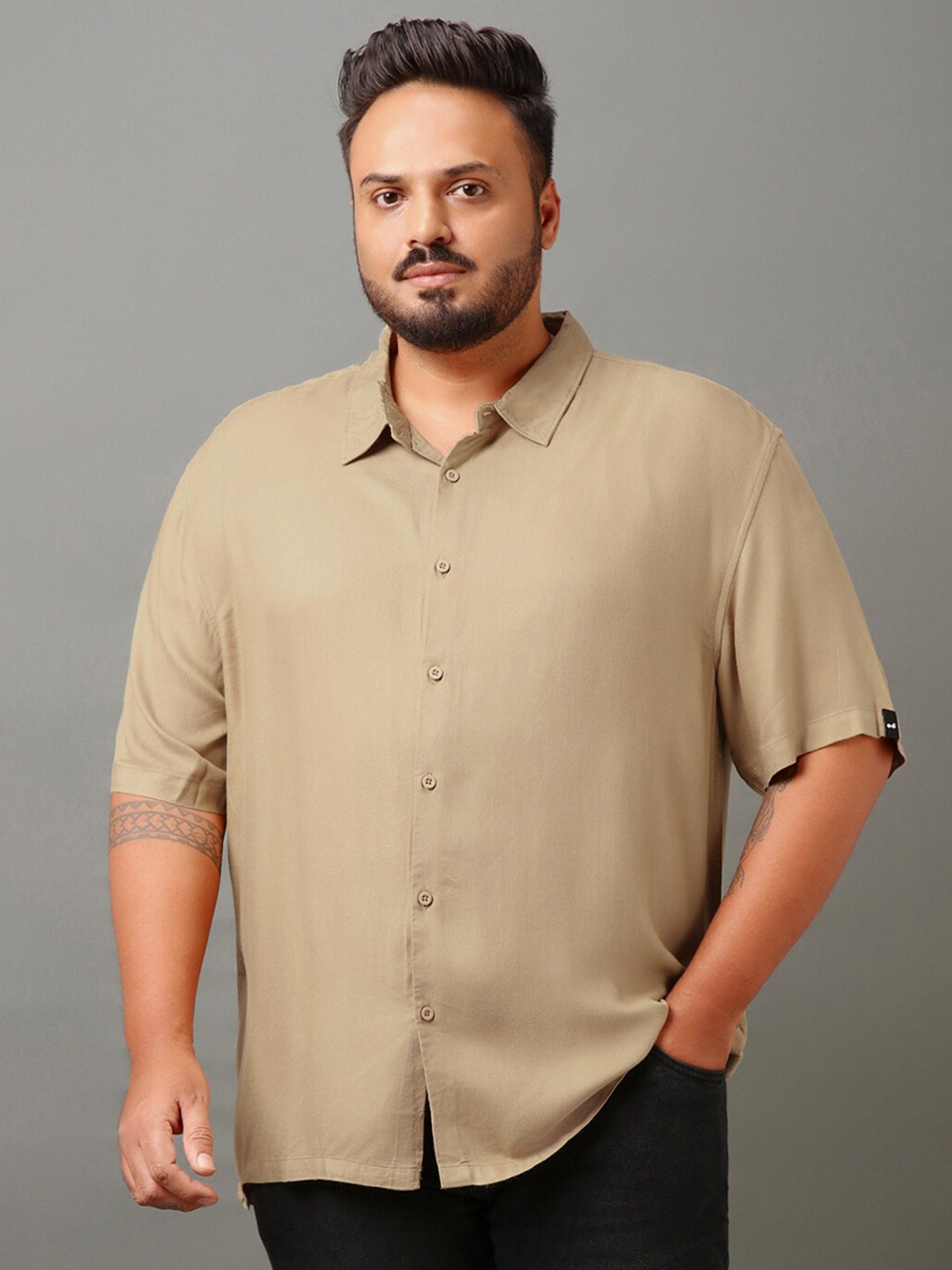 

Bewakoof Plus Camel Brown Relaxed Oversized Opaque Casual Shirt