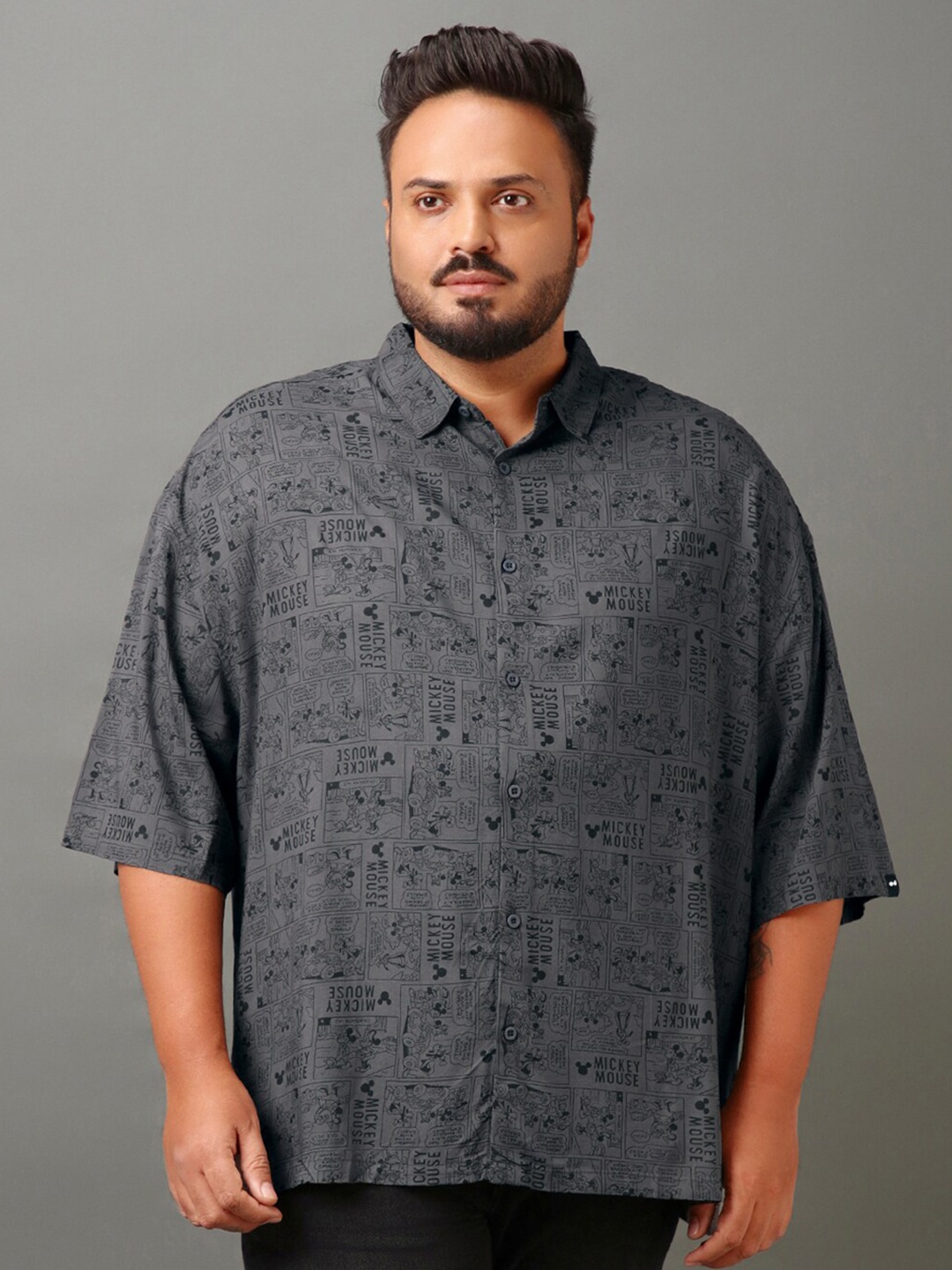 

Bewakoof Plus Charcoal Relaxed Oversized Mickey & Friends Printed Opaque Casual Shirt