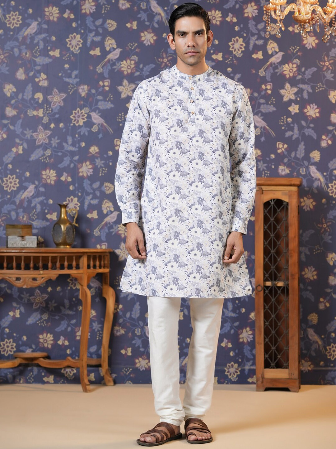 

House of Pataudi Floral-Printed Band Collar Straight Kurta, White