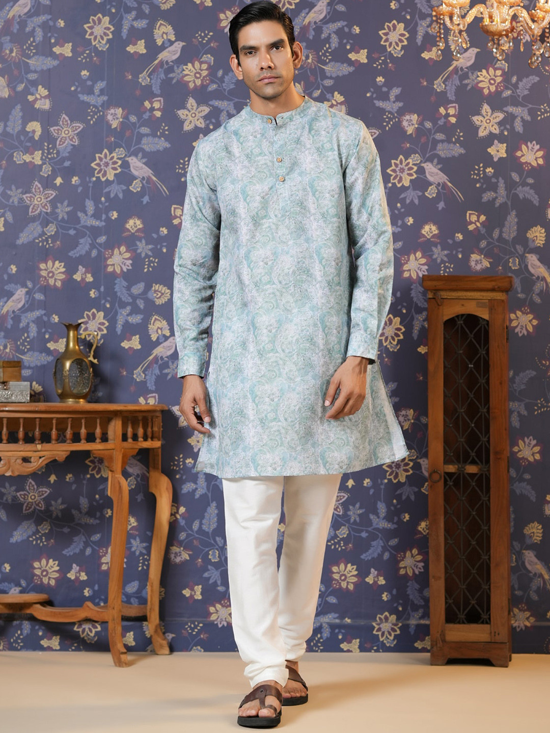

House of Pataudi Ethnic Motif-Printed Band Collar Straight Kurta, Blue