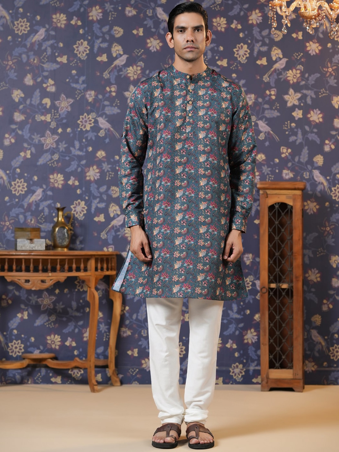 

House of Pataudi Floral-Printed Band Collar Straight Kurta, Teal