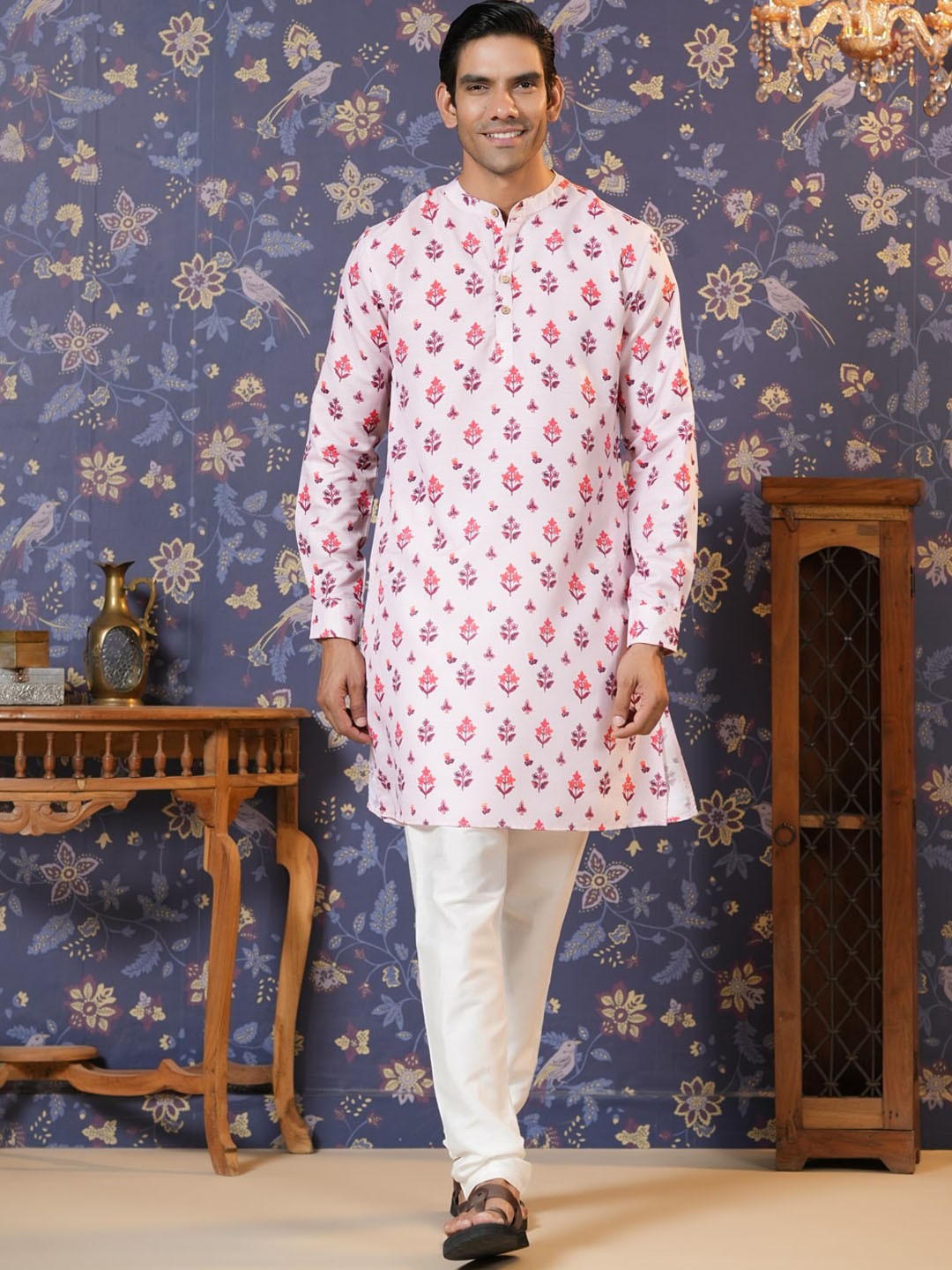 

House of Pataudi Ethnic Printed Band Collar Straight Kurta, White
