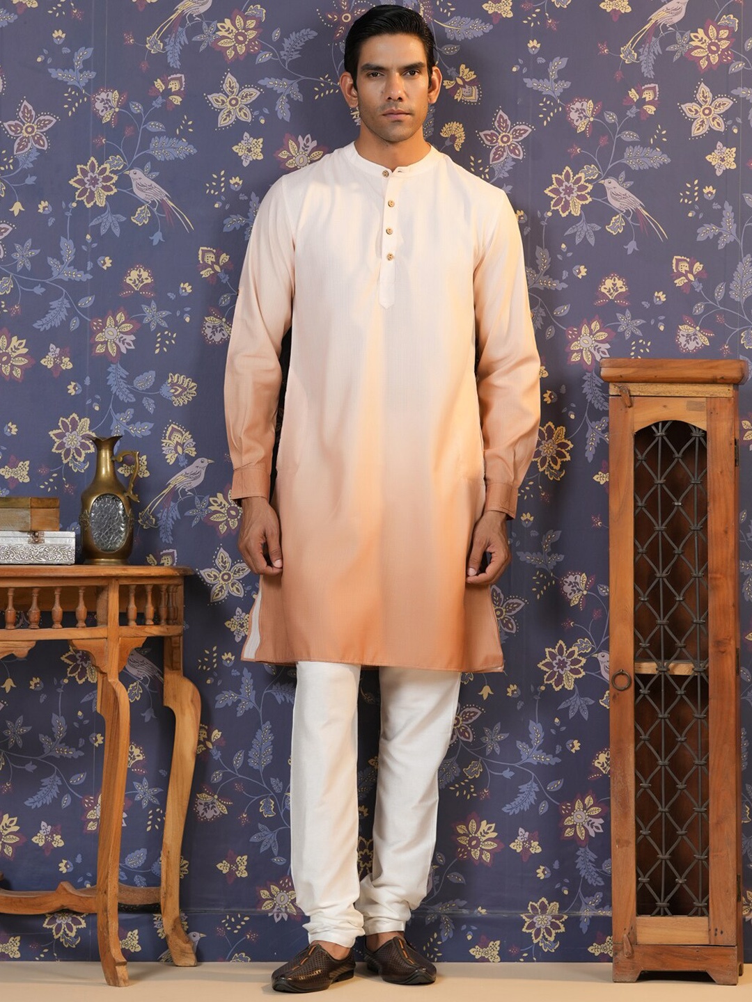

House of Pataudi Ombre Band Collar Straight Kurta, Beige