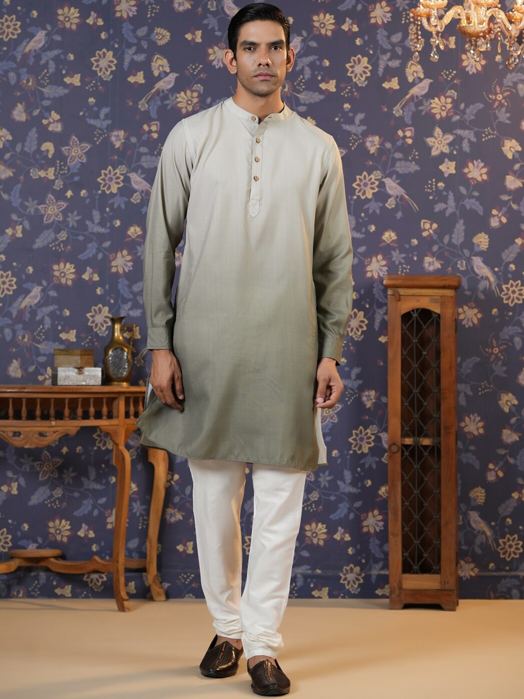 

House of Pataudi Ombre Band Collar Straight Kurta, Olive