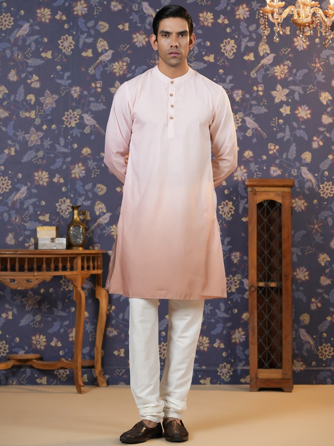 

House of Pataudi Ombre Band Collar Straight Kurta, Brown