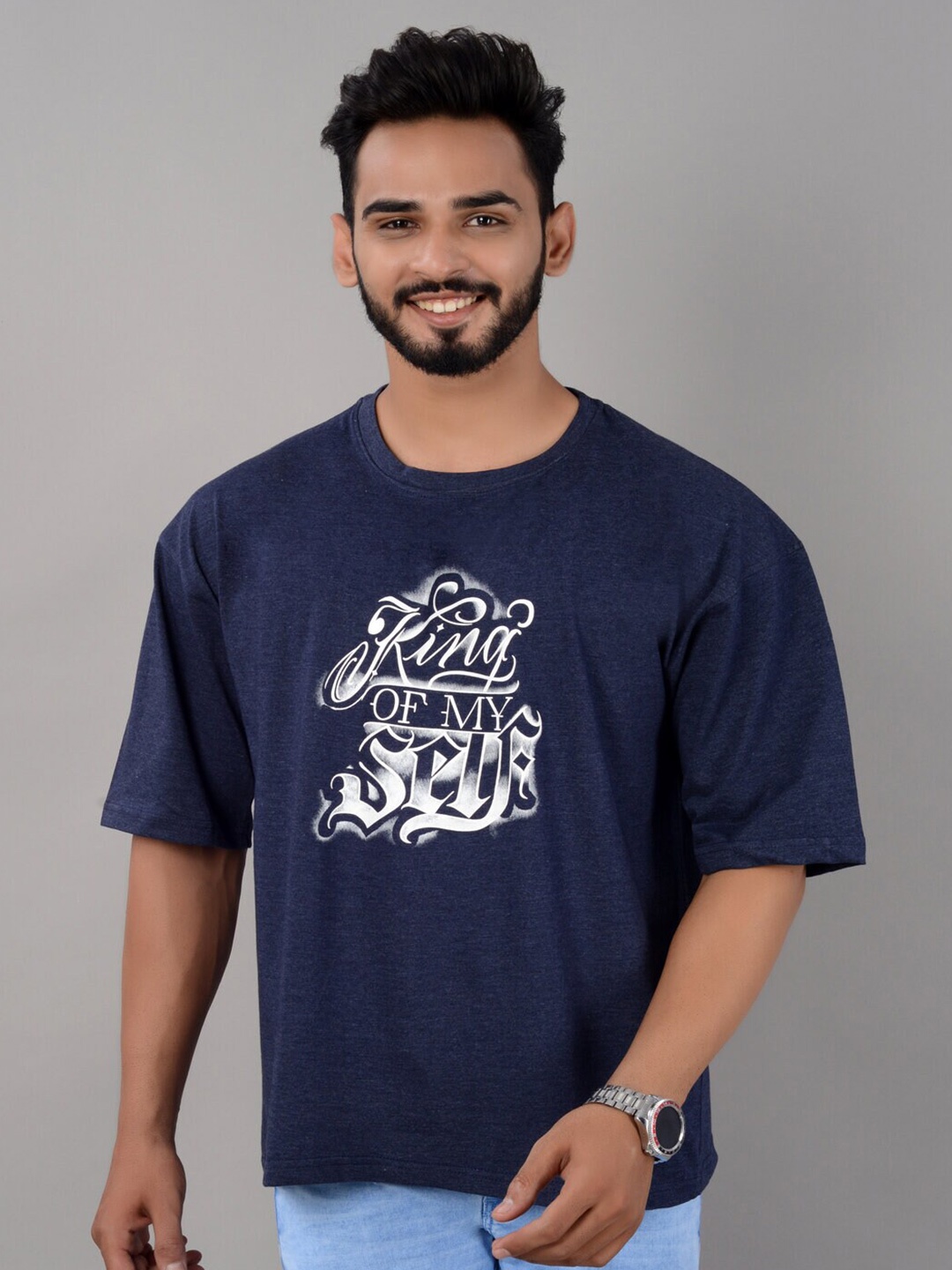 

VILLAIN Typography Printed Bio Finish Cotton Oversized T-shirt, Blue