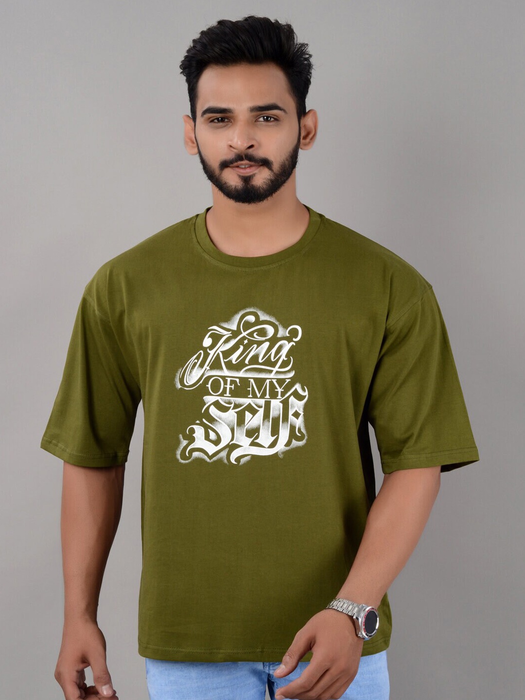 VILLAIN Typography Printed Bio Finish Cotton Oversized T-shirt, Olive