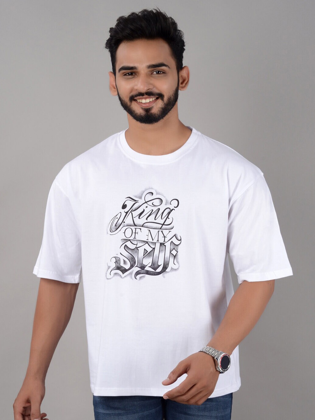 

VILLAIN Typography Printed Bio Finish Cotton Oversized T-shirt, White
