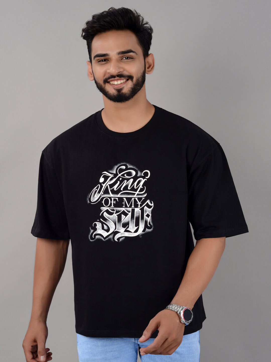 

VILLAIN Typography Printed Bio Finish Cotton Oversized T-shirt, Black