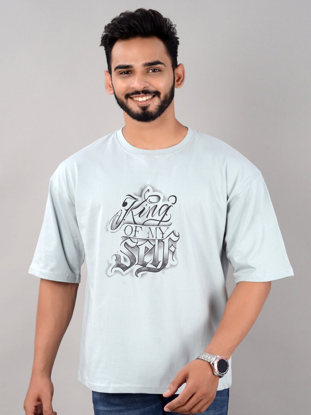 

VILLAIN Typography Printed Bio Finish Cotton Oversized T-shirt, Turquoise blue
