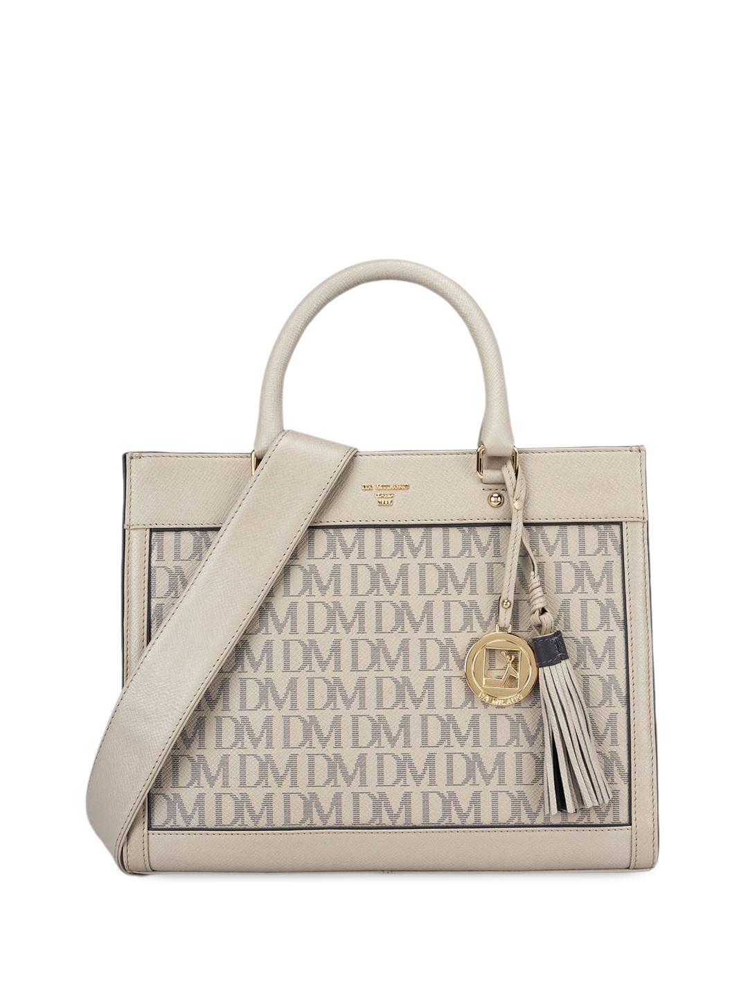 

Da Milano Typography Printed Leather Structured Handheld Bag, Grey
