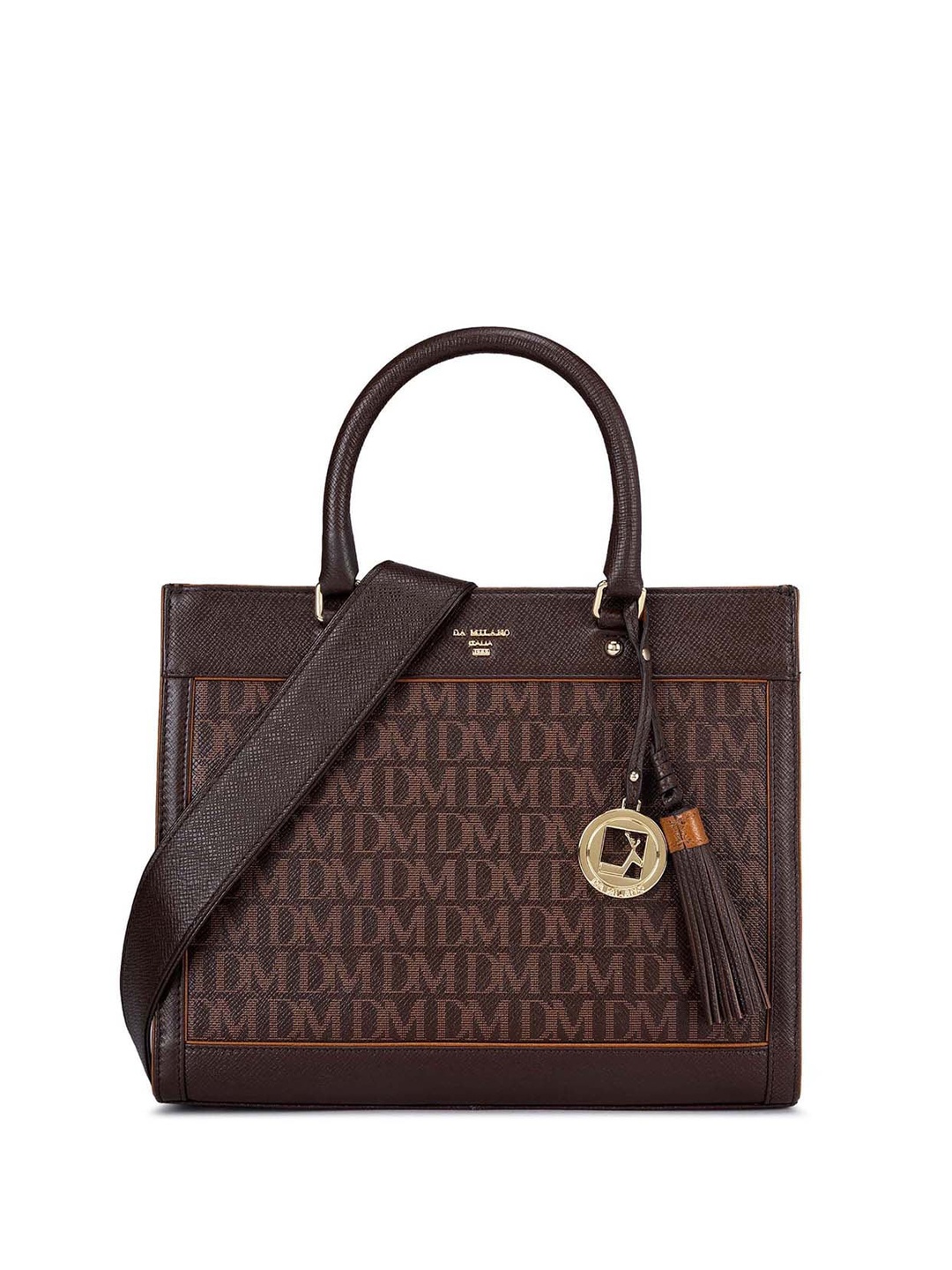 

Da Milano Typography Printed Leather Structured Satchel, Brown