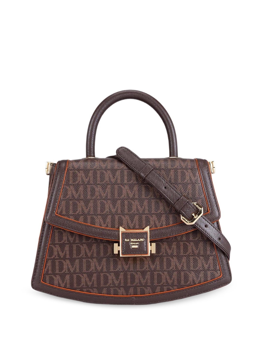 

Da Milano Typography Printed Leather Structured Satchel, Brown