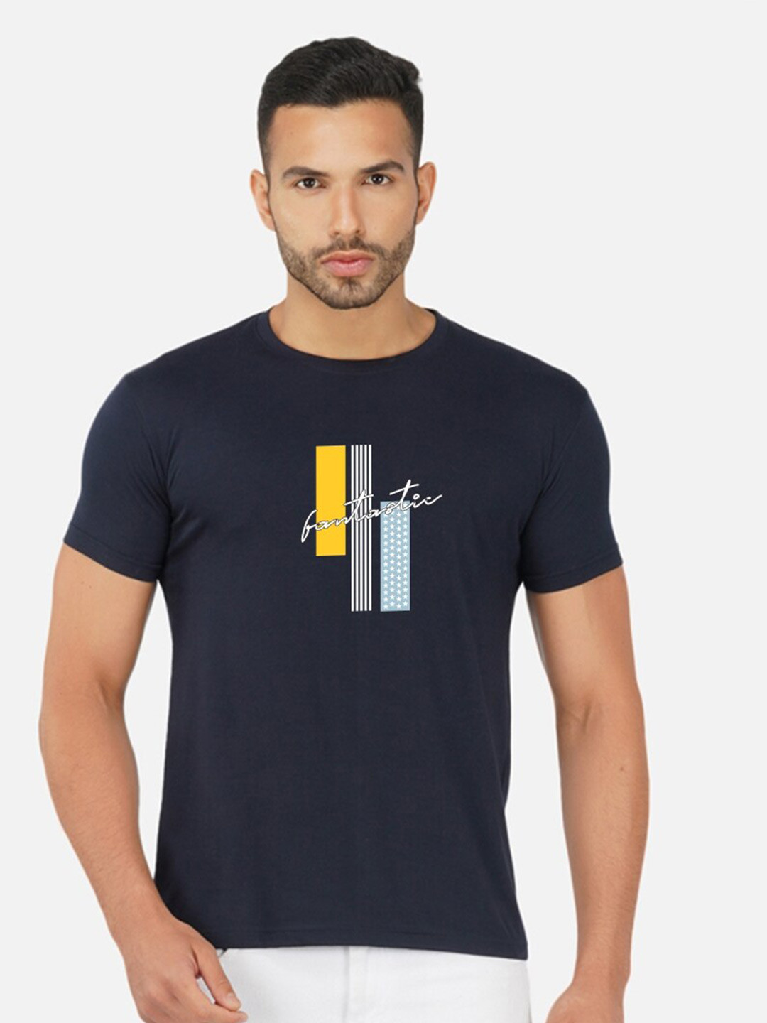 

CHOZI Graphic Printed Round Neck Cotton T-shirt, Navy blue