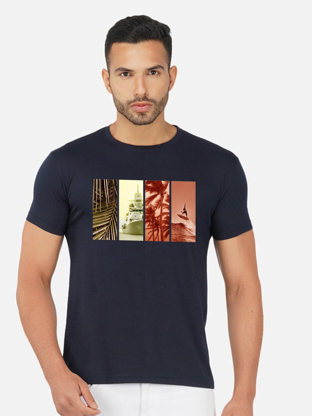 CHOZI Graphic Printed Round Neck Cotton Regular T-shirt, Navy blue