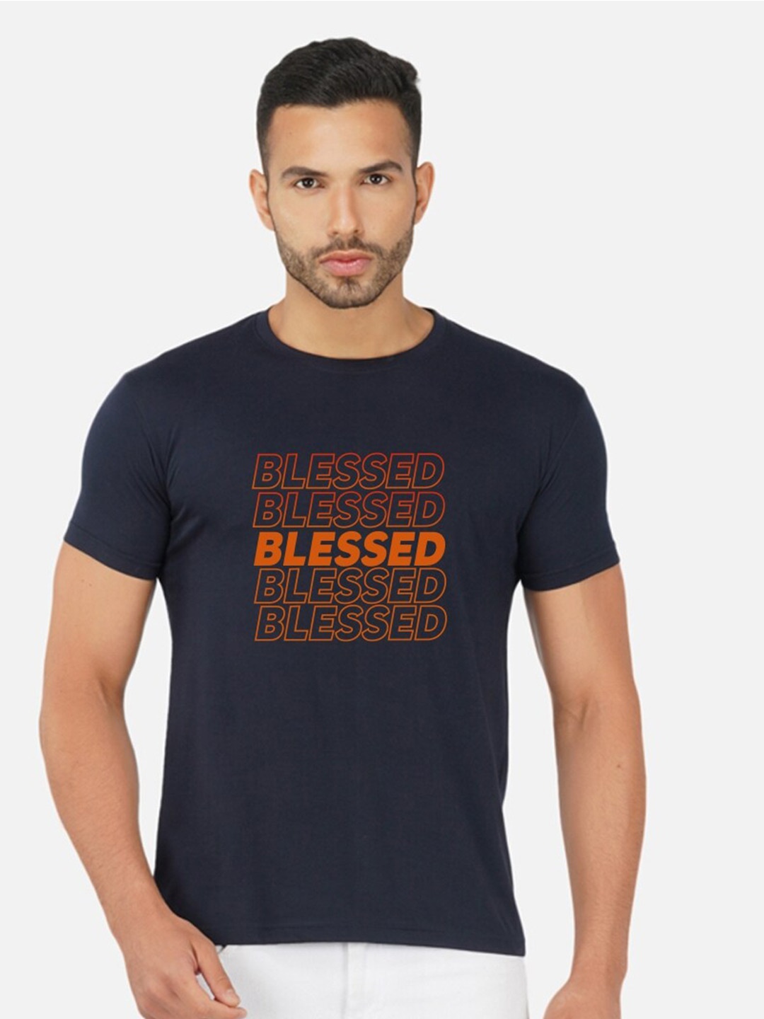 CHOZI Typography Printed Round Neck Cotton Regular T-shirt, Navy blue