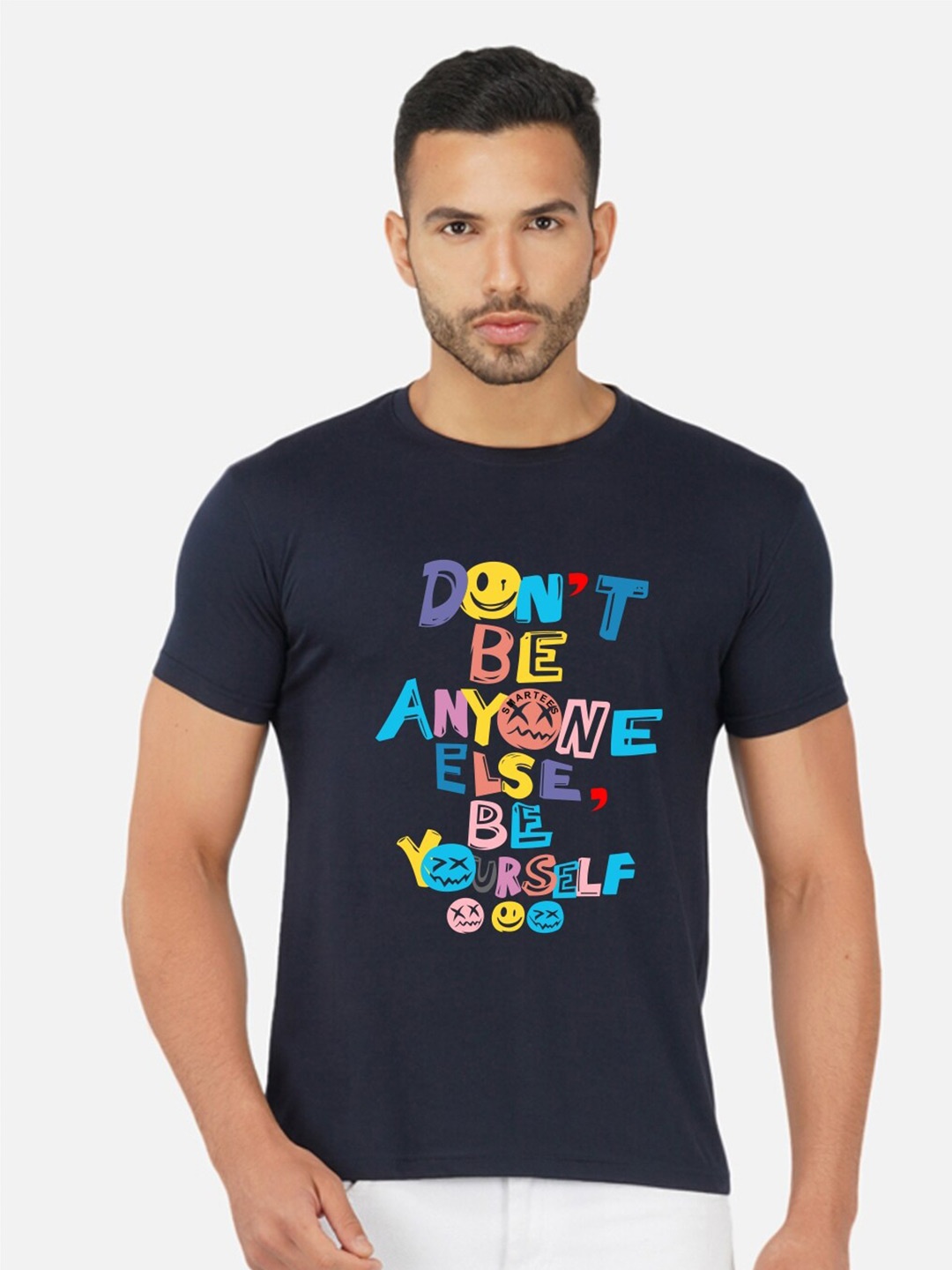 CHOZI Typography Printed Round Neck Cotton Regular T-shirt, Navy blue