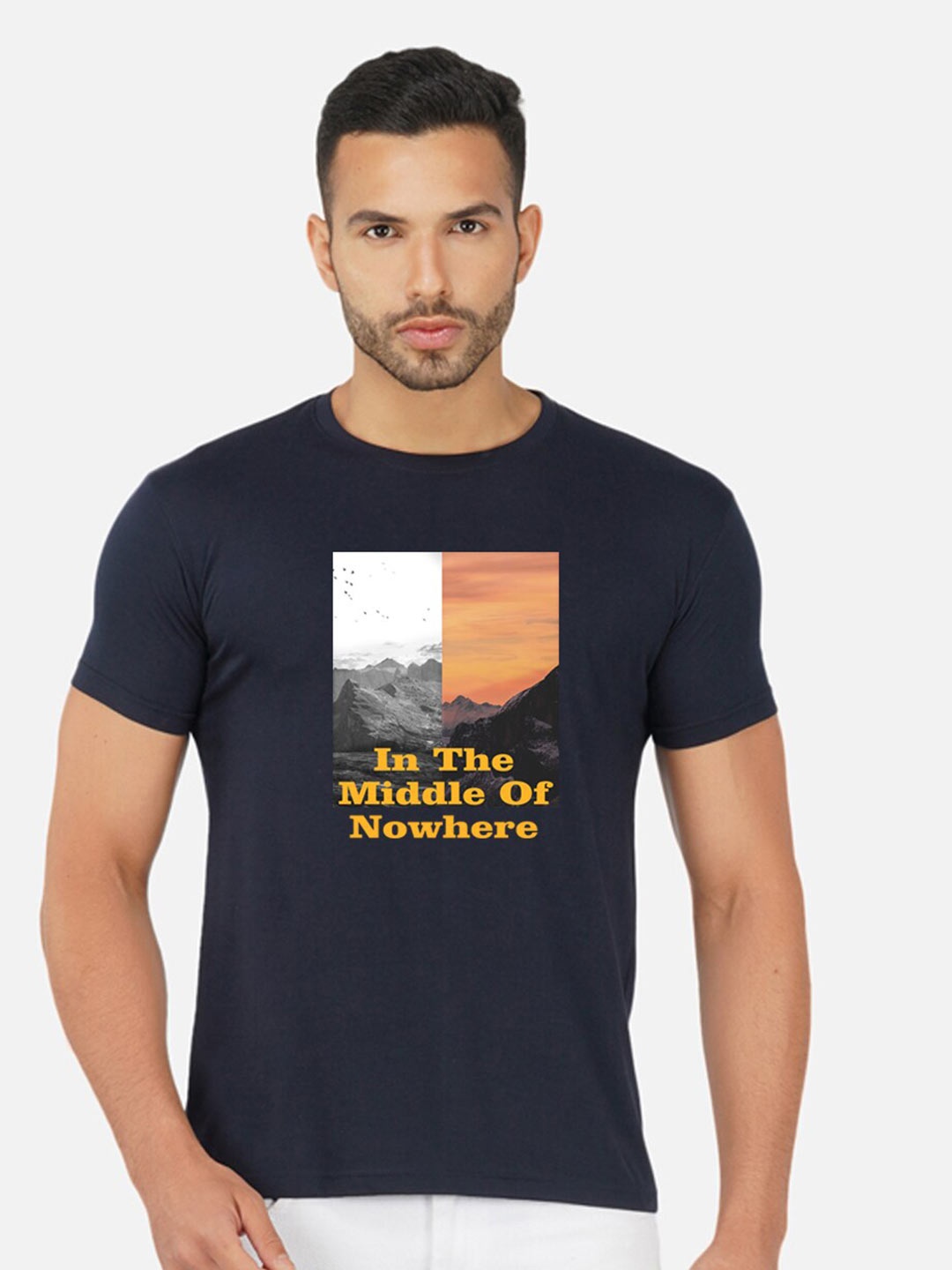 

CHOZI Typography Printed Round Neck Cotton T-shirt, Navy blue
