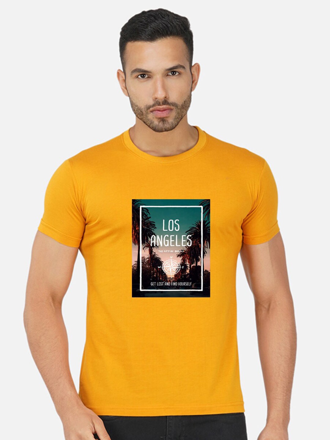 

CHOZI Typography Printed Round Neck Cotton T-shirt, Mustard