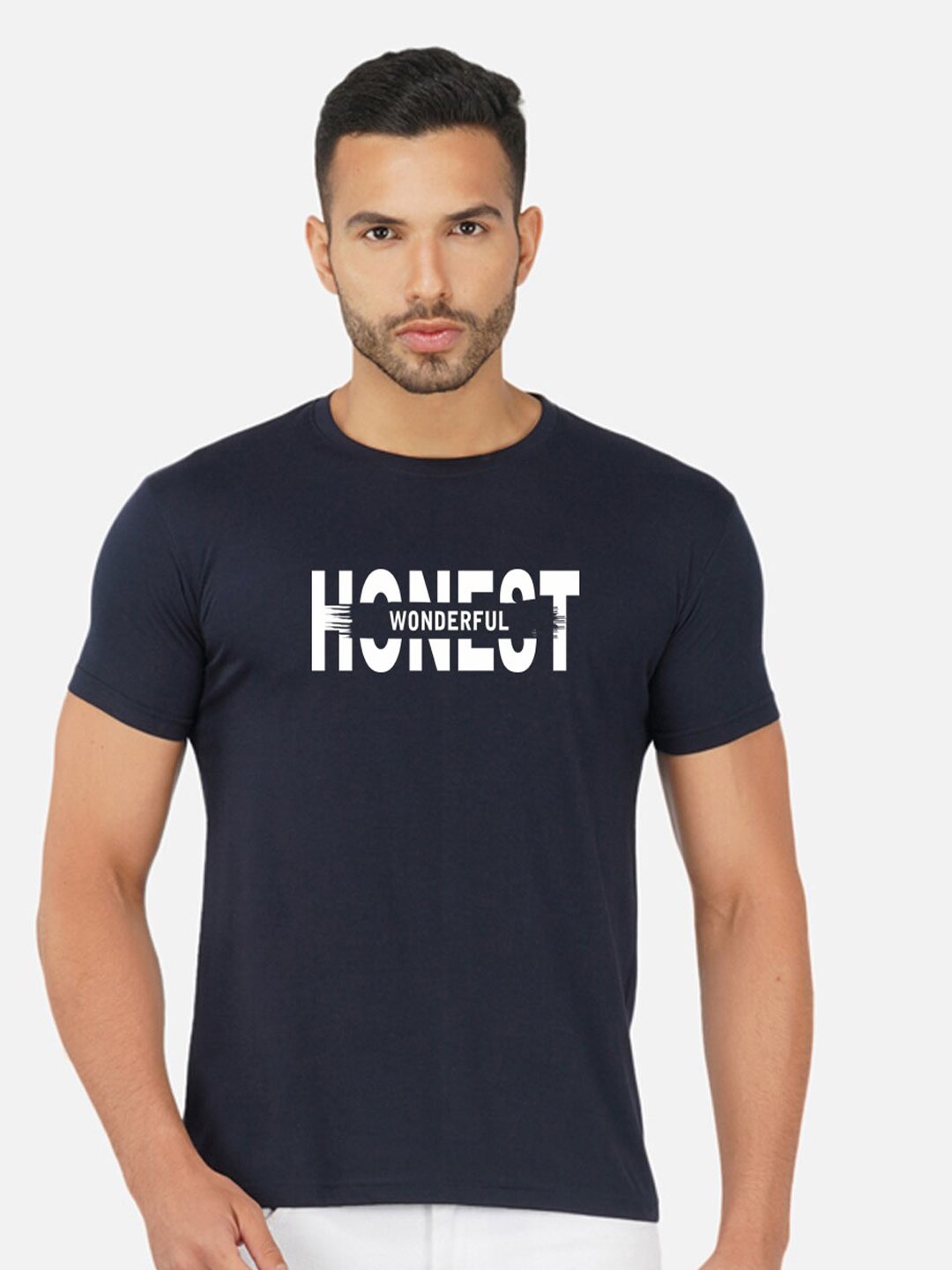 

CHOZI Typography Printed Round Neck Cotton T-shirt, Navy blue