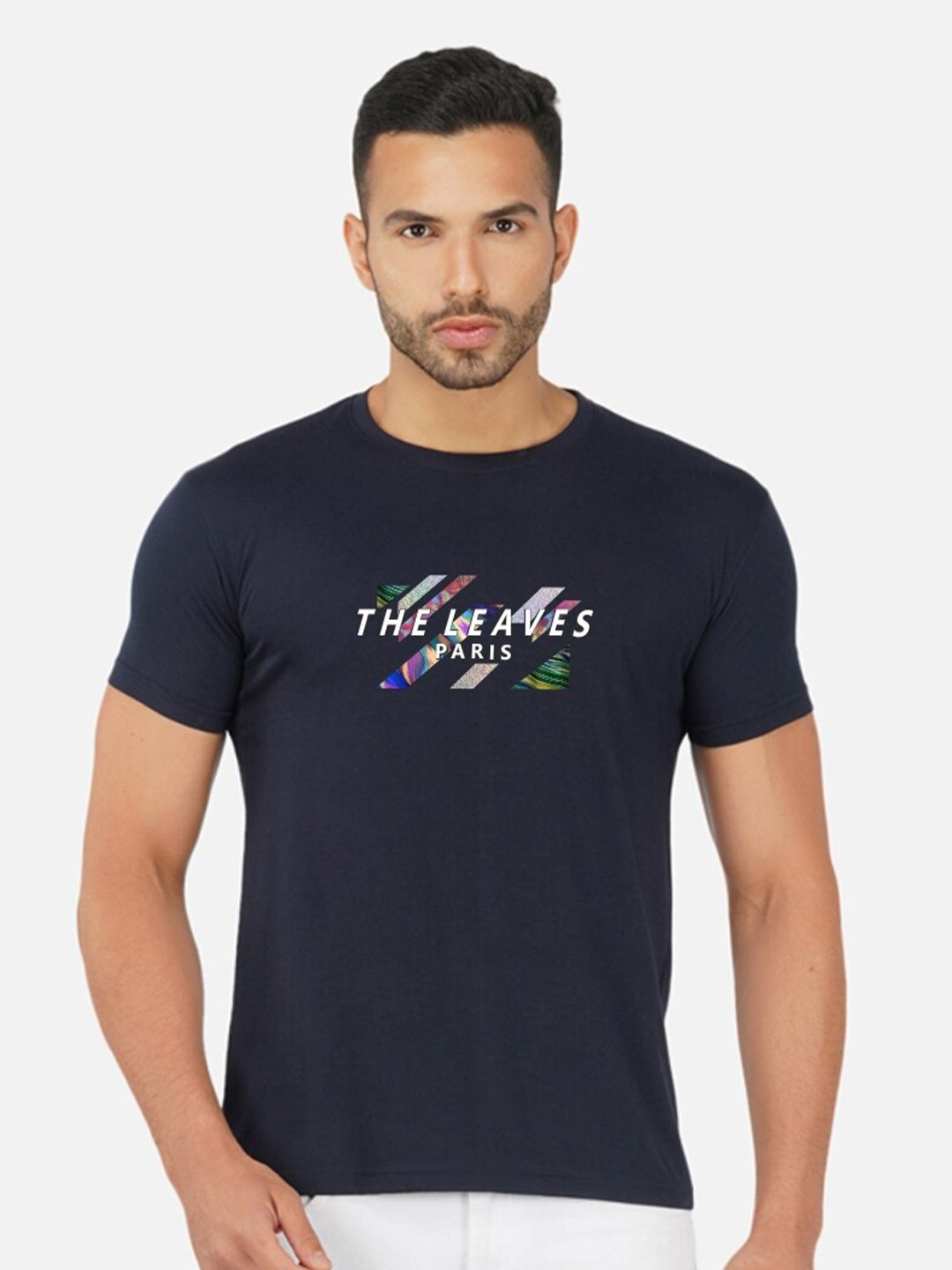

CHOZI Typography Printed Round Neck Cotton T-shirt, Navy blue