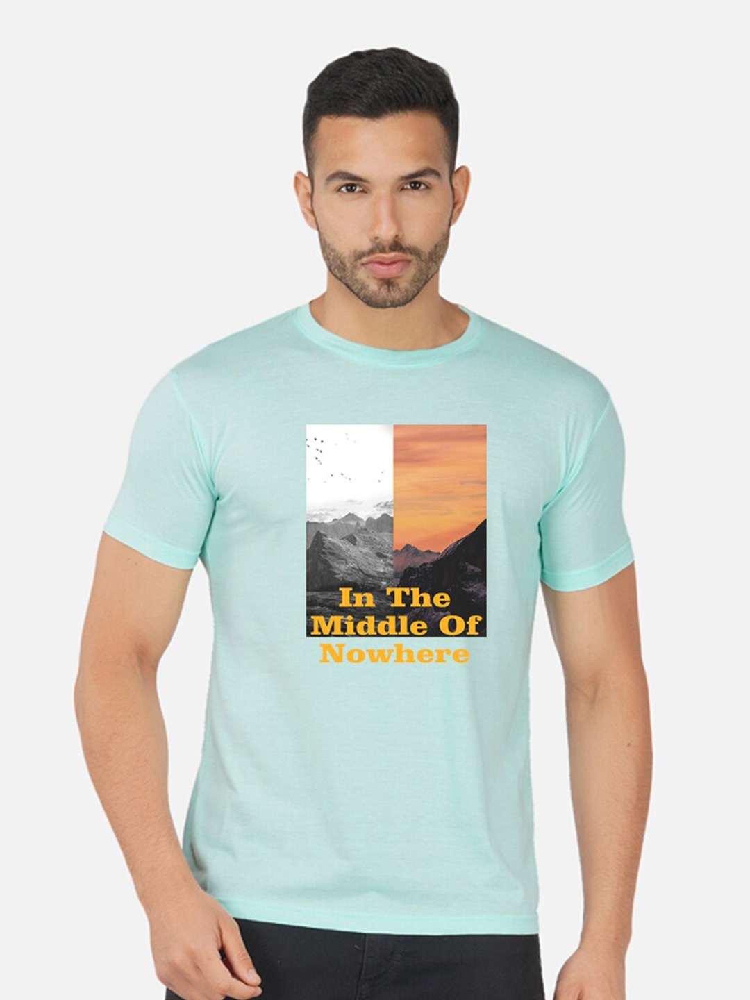 

CHOZI Typography Printed Round Neck Cotton T-shirt, Turquoise blue