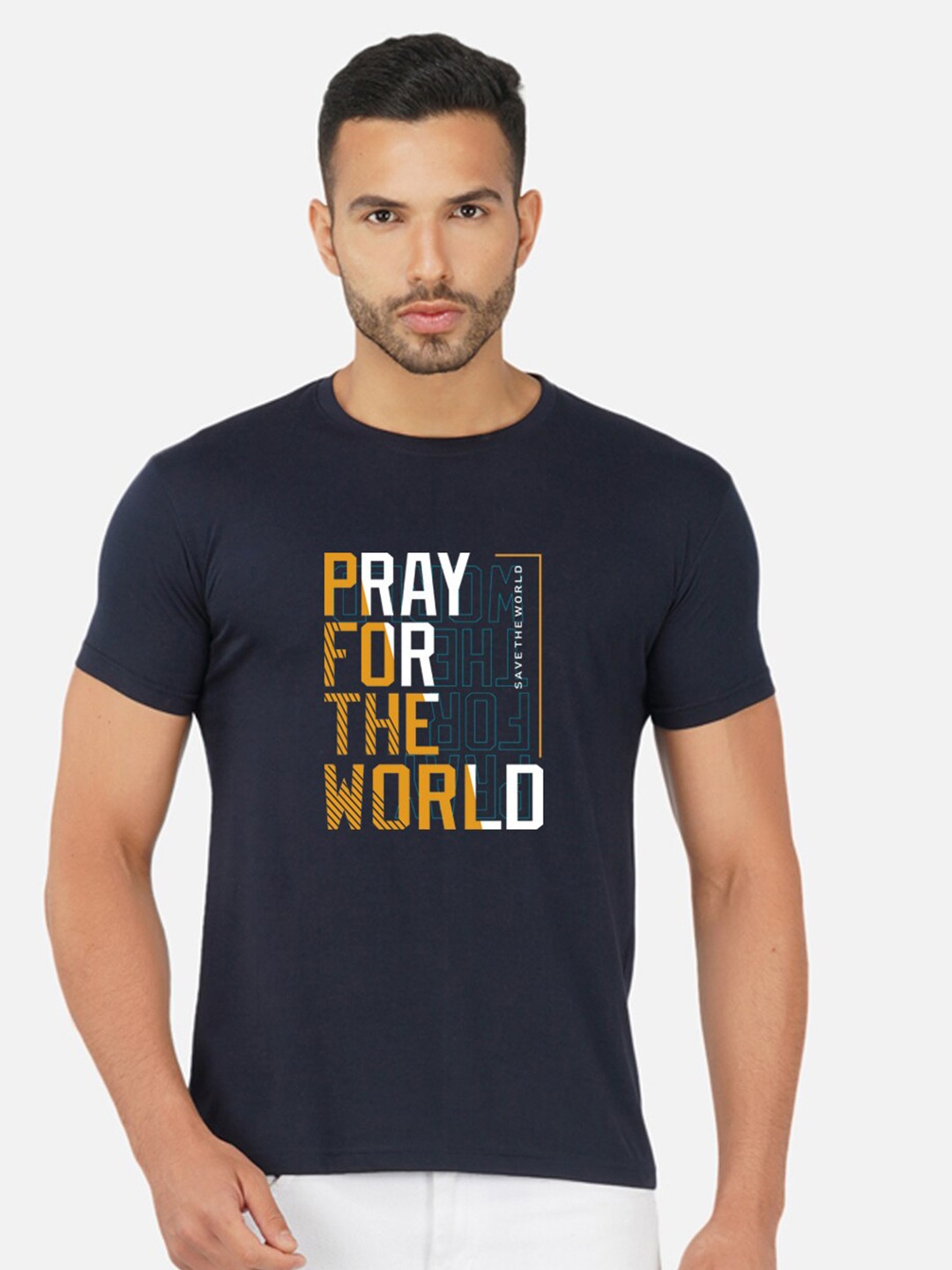 

CHOZI Typography Printed Round Neck Cotton T-shirt, Navy blue