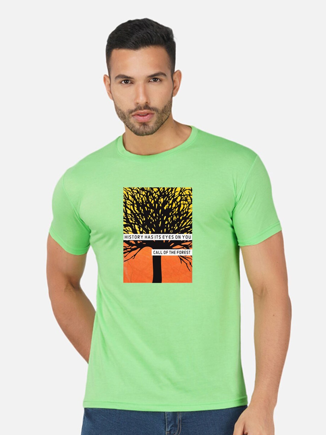 CHOZI Typography Printed Round Neck Cotton T-shirt, Lime green