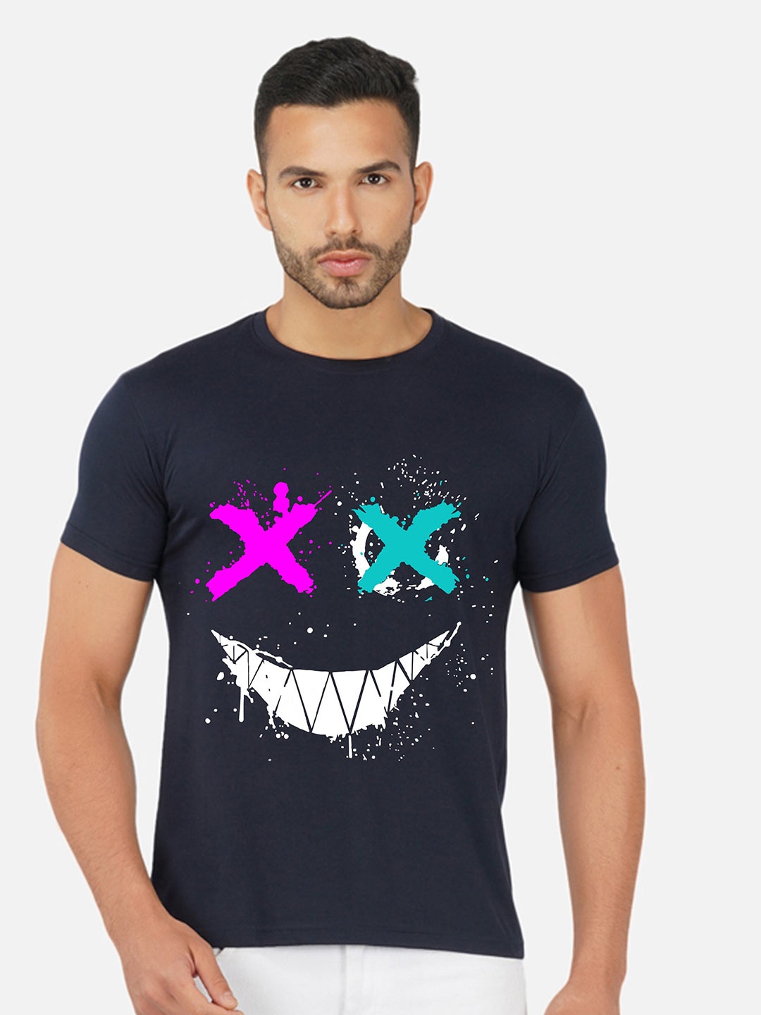 

CHOZI Graphic Printed Round Neck Cotton T-shirt, Navy blue